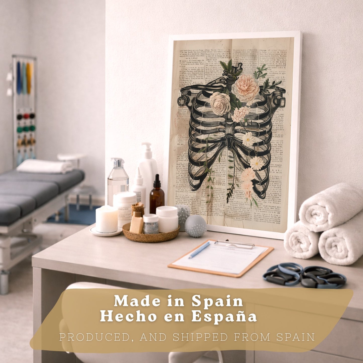 Set 3 Cuadros de Anatomía Humana Láminas con Higado, Costillas y Cráneo Estilo Retro Floral