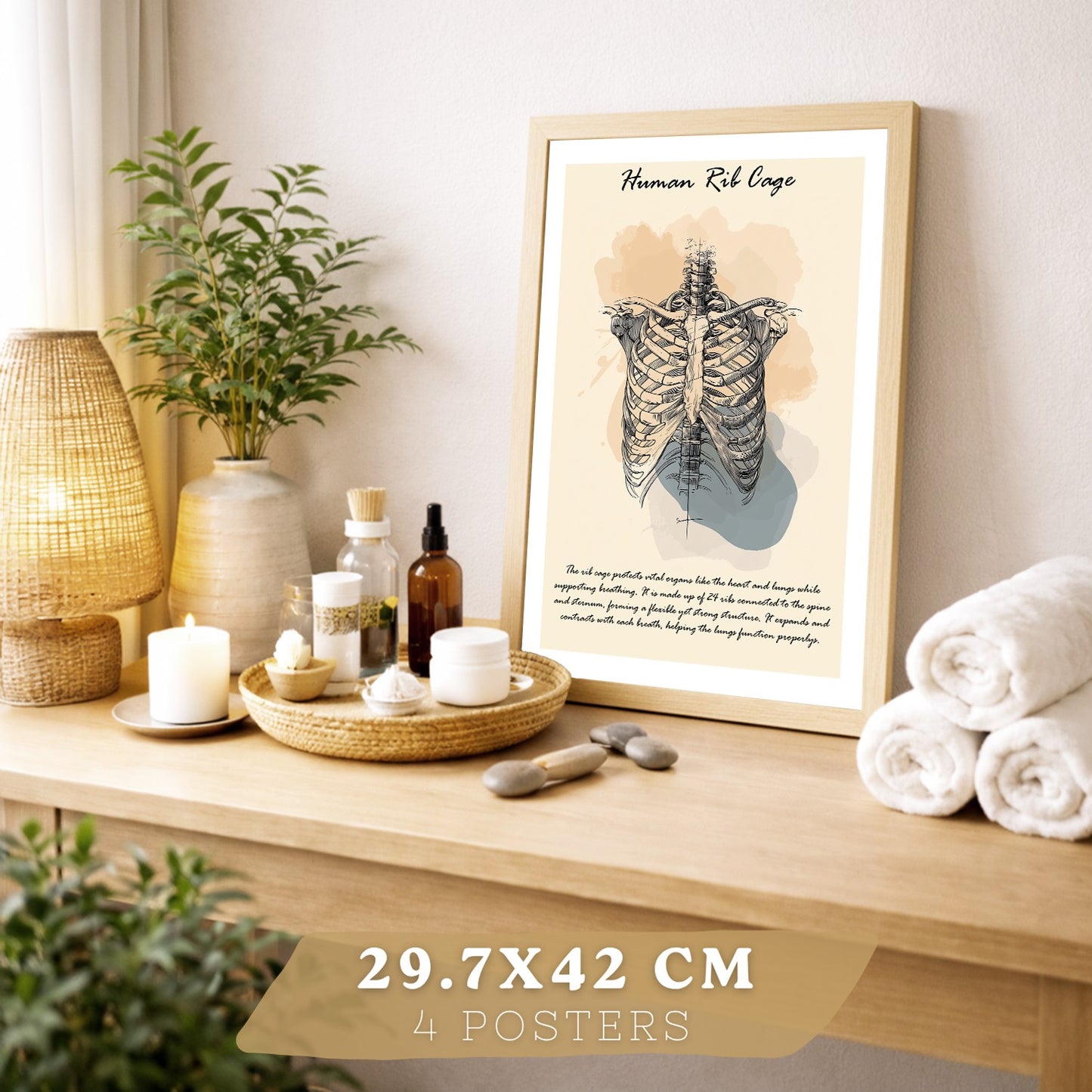 Set 4 Láminas de Anatomía Humana Posters Educativos con Músculos Espalda Costillas Cerebro y Cráneo Diseño Moderno