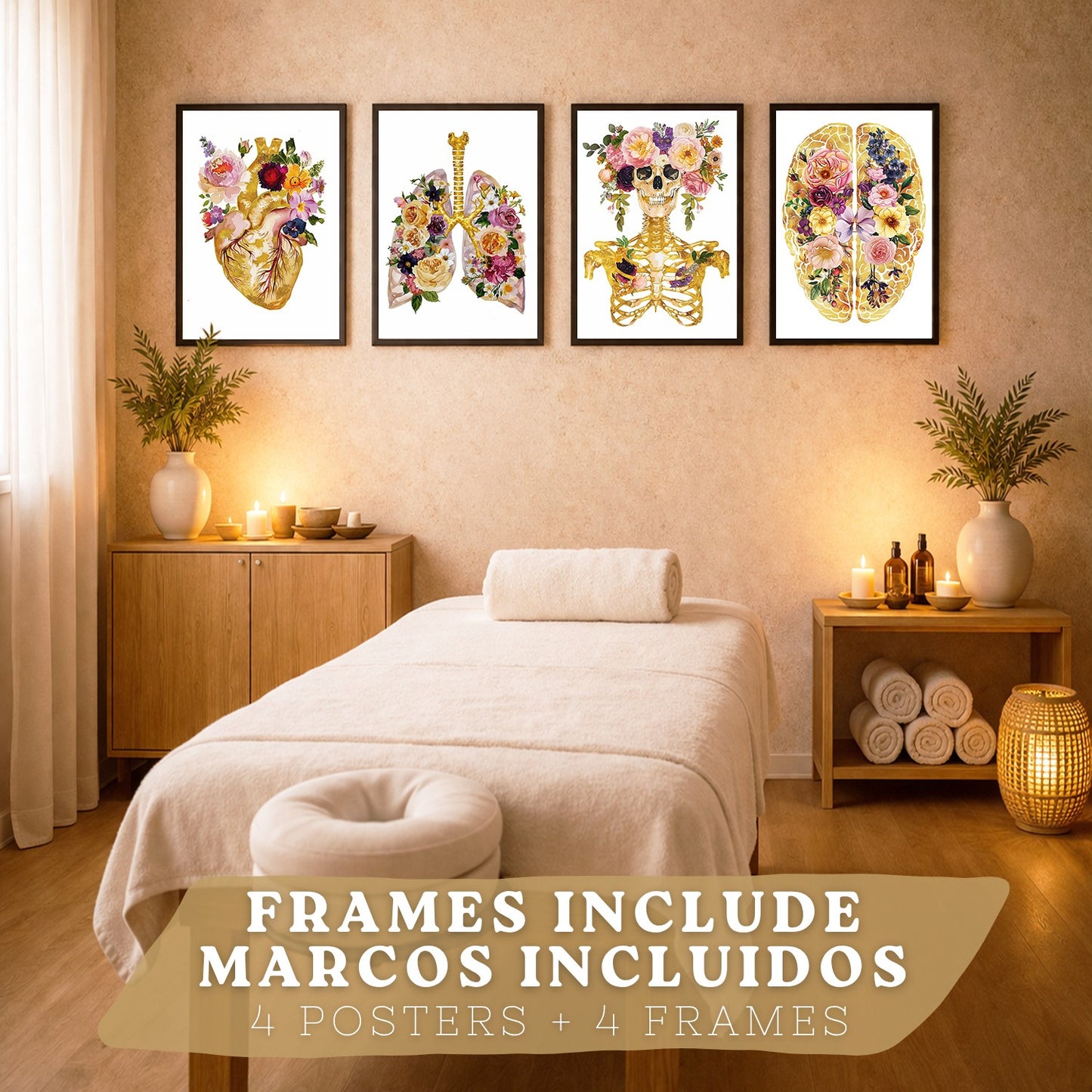 Set 4 Posters y Cuadros de Anatomía Humana Láminas con Corazón Cerebro Cráneo Pulmones Tráquea Bronquios Estilo Floral Dorado Decoración