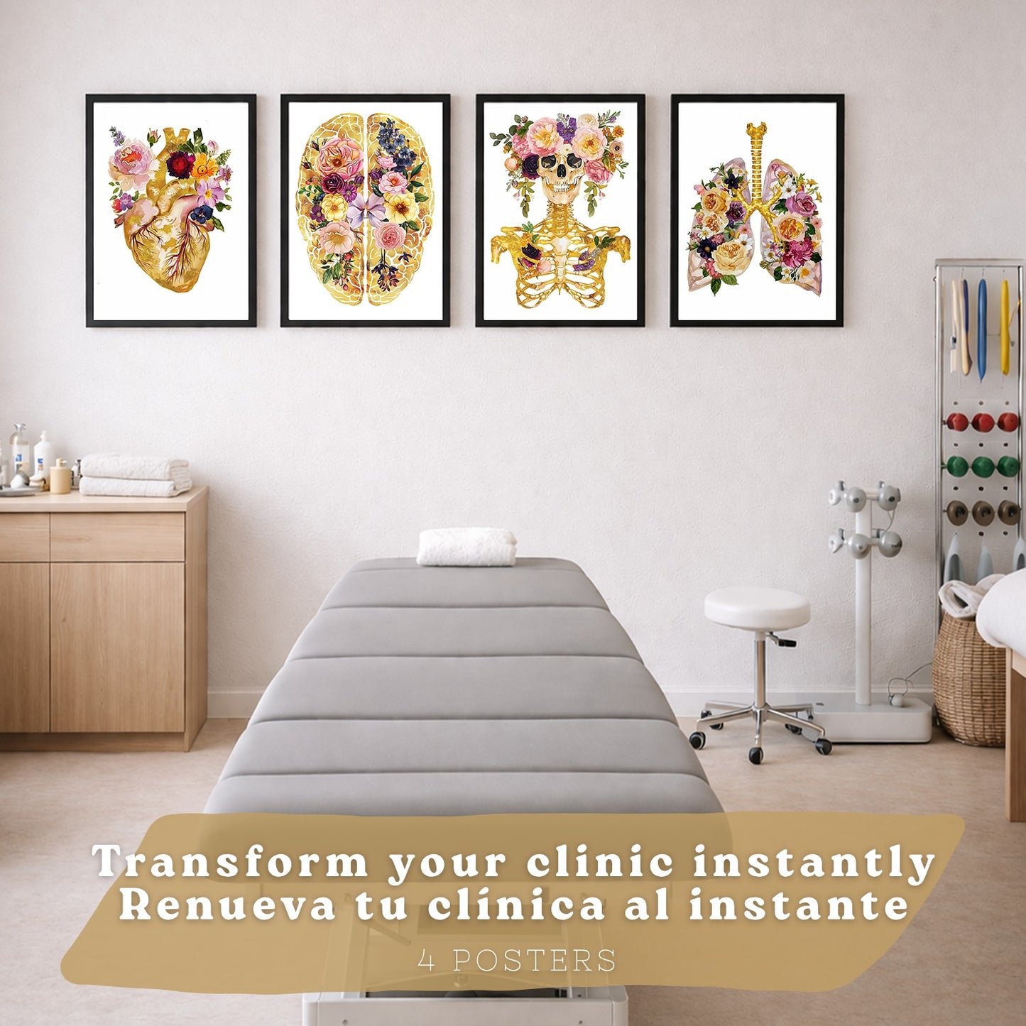 Set 4 Posters y Cuadros de Anatomía Humana Láminas con Corazón Cerebro Cráneo Pulmones Tráquea Bronquios Estilo Floral Dorado Decoración