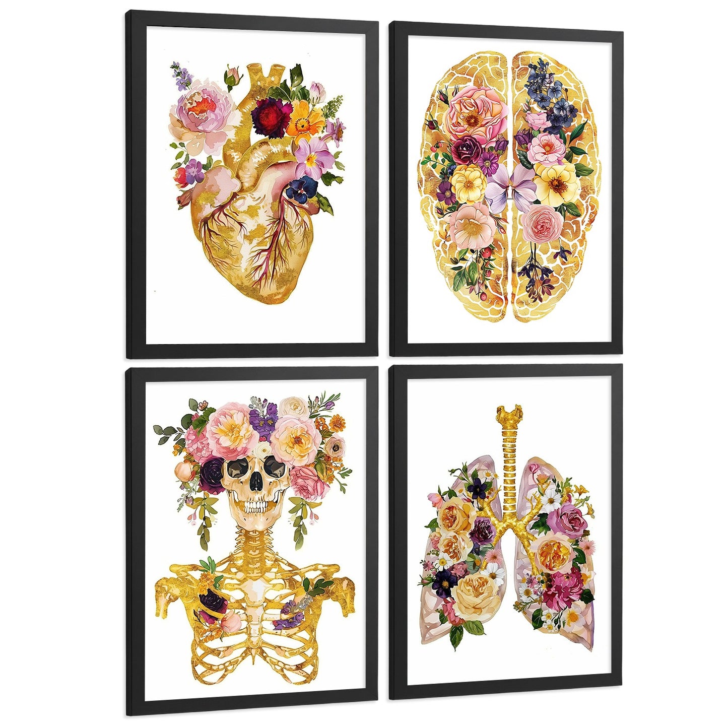 Set 4 Posters y Cuadros de Anatomía Humana Láminas con Corazón Cerebro Cráneo Pulmones Tráquea Bronquios Estilo Floral Dorado Decoración