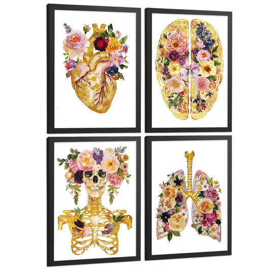 Set 4 Posters y Cuadros de Anatomía Humana Láminas con Corazón Cerebro Cráneo Pulmones Tráquea Bronquios Estilo Floral Dorado Decoración