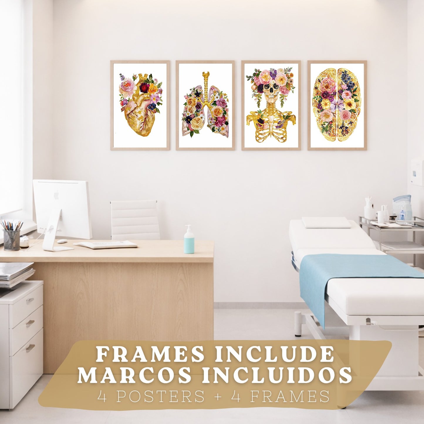 Set 4 Posters y Cuadros de Anatomía Humana Láminas con Corazón Cerebro Cráneo Pulmones Tráquea Bronquios Estilo Floral Dorado Decoración
