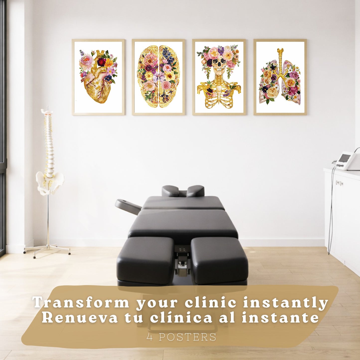 Set 4 Posters y Cuadros de Anatomía Humana Láminas con Corazón Cerebro Cráneo Pulmones Tráquea Bronquios Estilo Floral Dorado Decoración