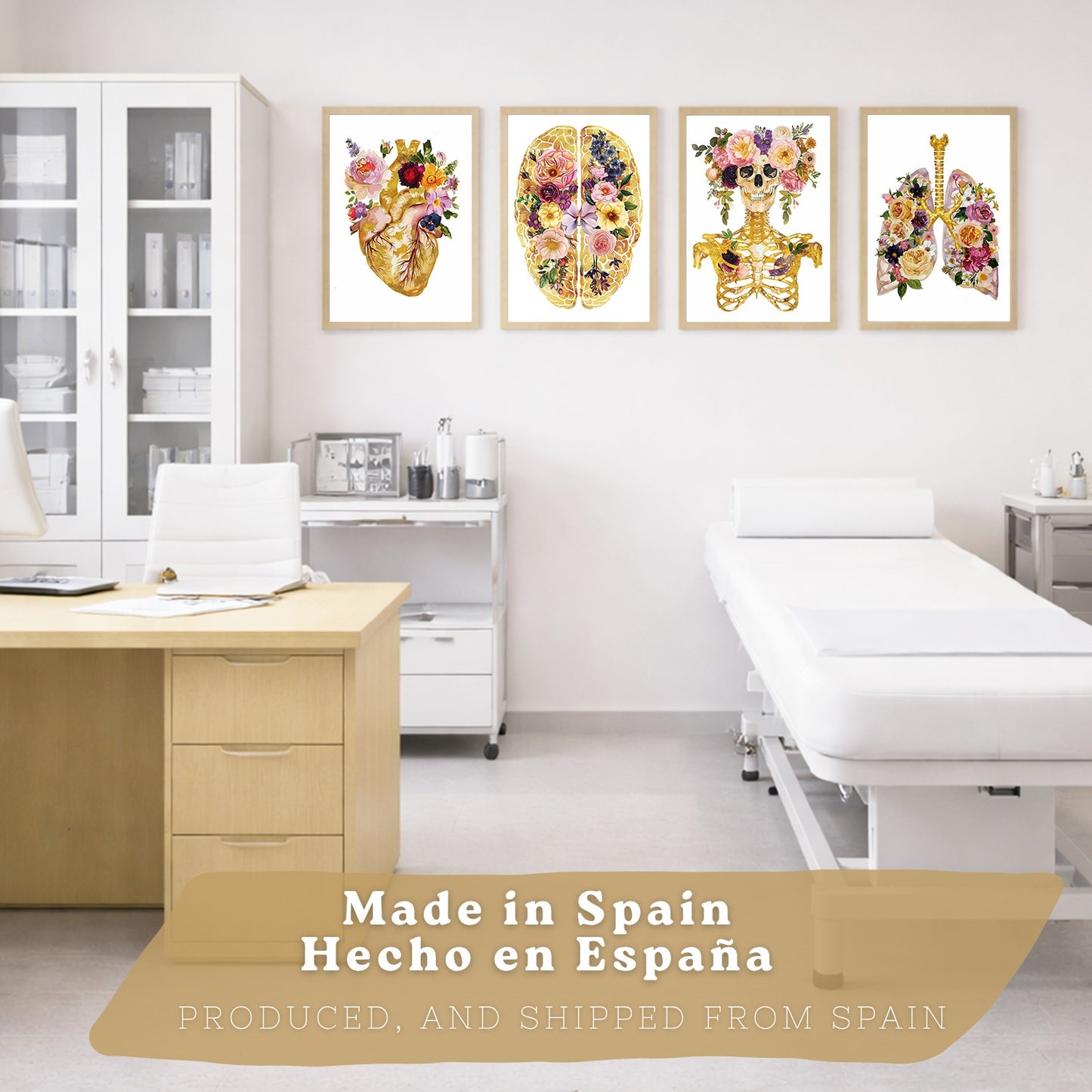 Set 4 Posters y Cuadros de Anatomía Humana Láminas con Corazón Cerebro Cráneo Pulmones Tráquea Bronquios Estilo Floral Dorado Decoración