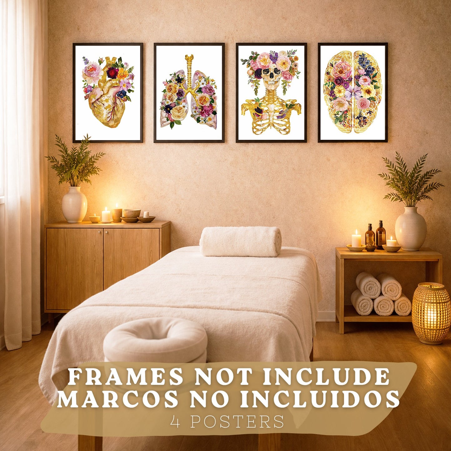 Set 4 Posters y Cuadros de Anatomía Humana Láminas con Corazón Cerebro Cráneo Pulmones Tráquea Bronquios Estilo Floral Dorado Decoración