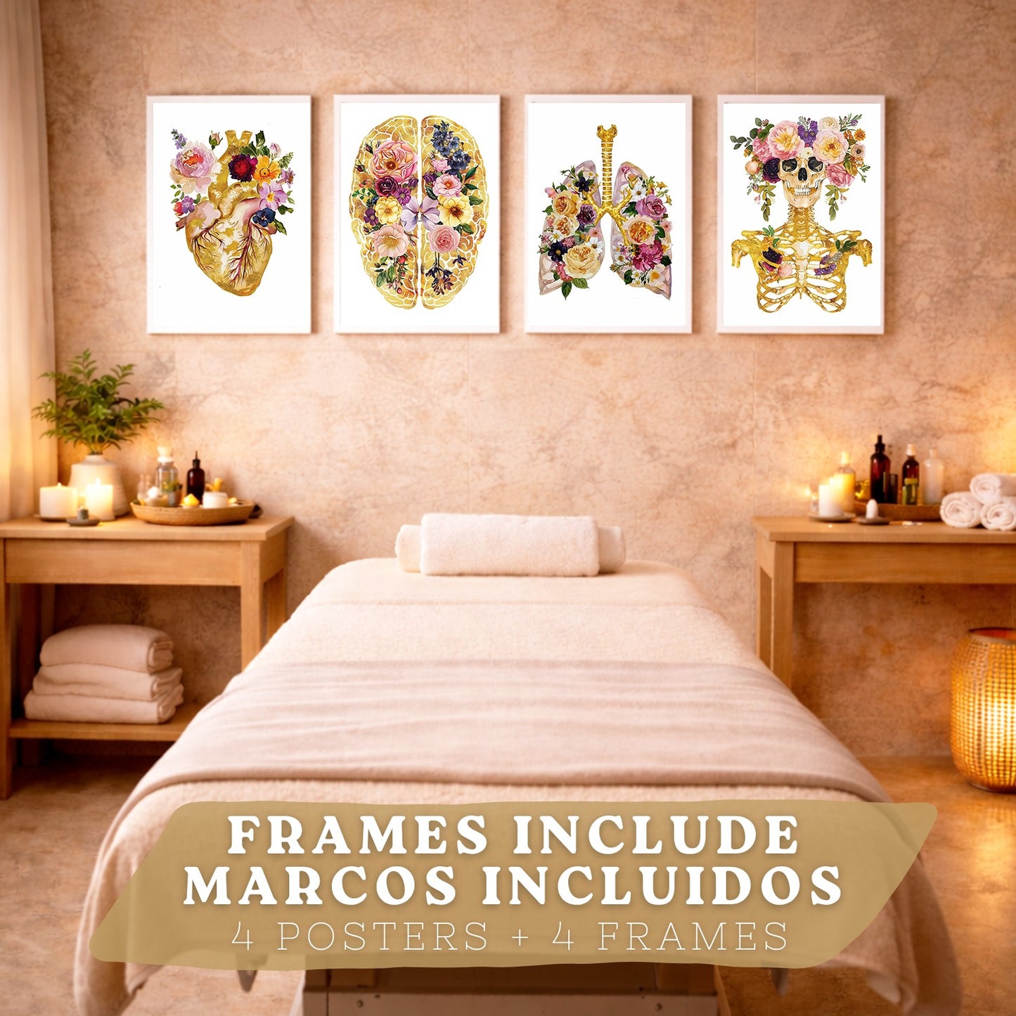 Set 4 Posters y Cuadros de Anatomía Humana Láminas con Corazón Cerebro Cráneo Pulmones Tráquea Bronquios Estilo Floral Dorado Decoración
