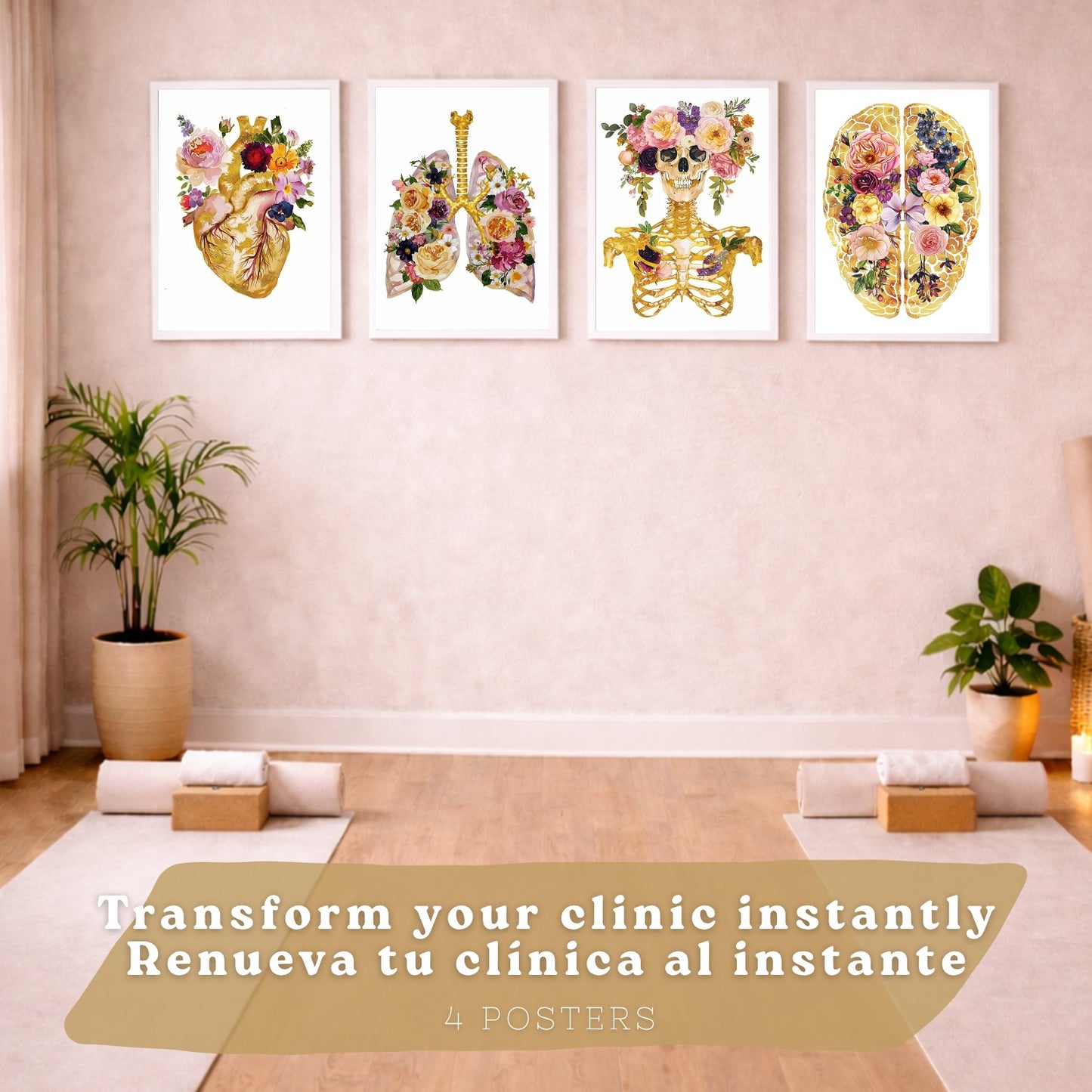 Set 4 Posters y Cuadros de Anatomía Humana Láminas con Corazón Cerebro Cráneo Pulmones Tráquea Bronquios Estilo Floral Dorado Decoración