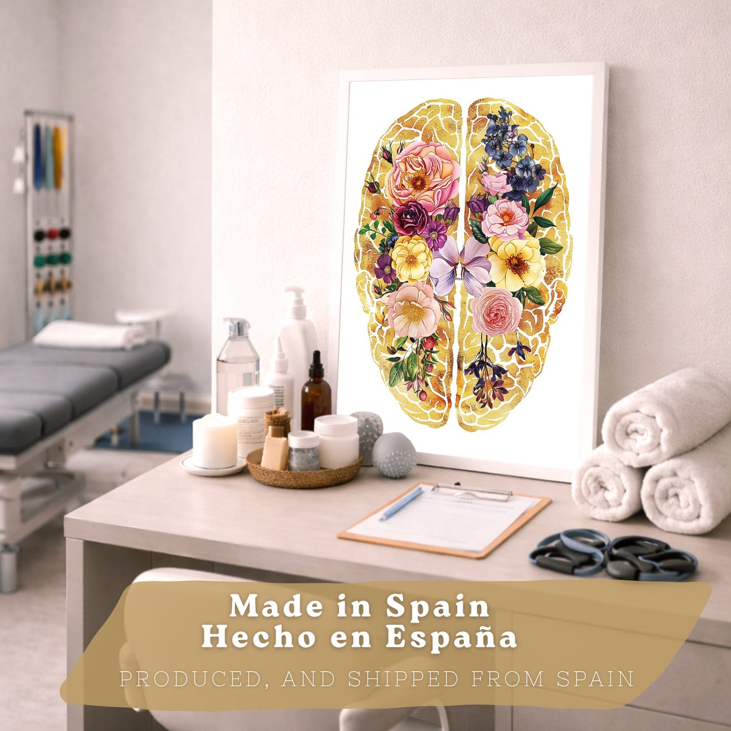 Set 4 Posters y Cuadros de Anatomía Humana Láminas con Corazón Cerebro Cráneo Pulmones Tráquea Bronquios Estilo Floral Dorado Decoración