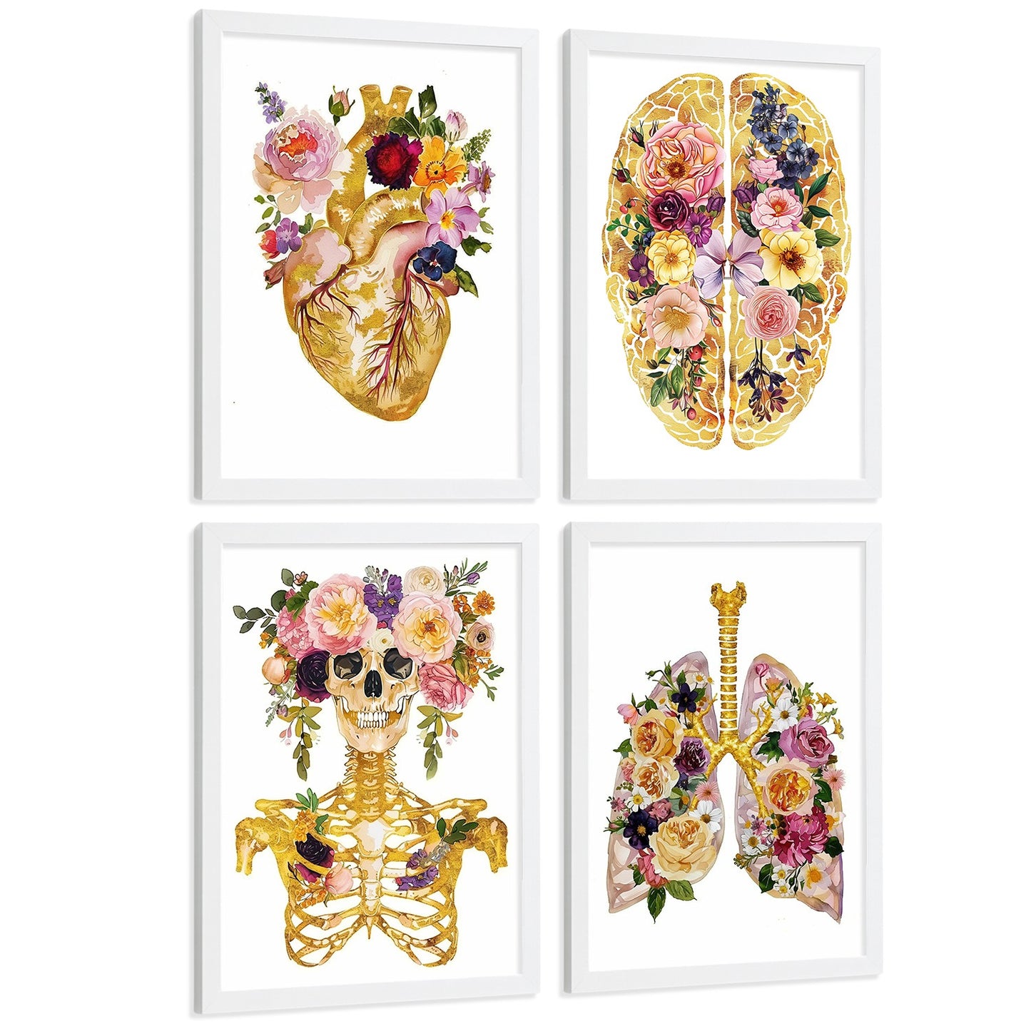 Set 4 Posters y Cuadros de Anatomía Humana Láminas con Corazón Cerebro Cráneo Pulmones Tráquea Bronquios Estilo Floral Dorado Decoración