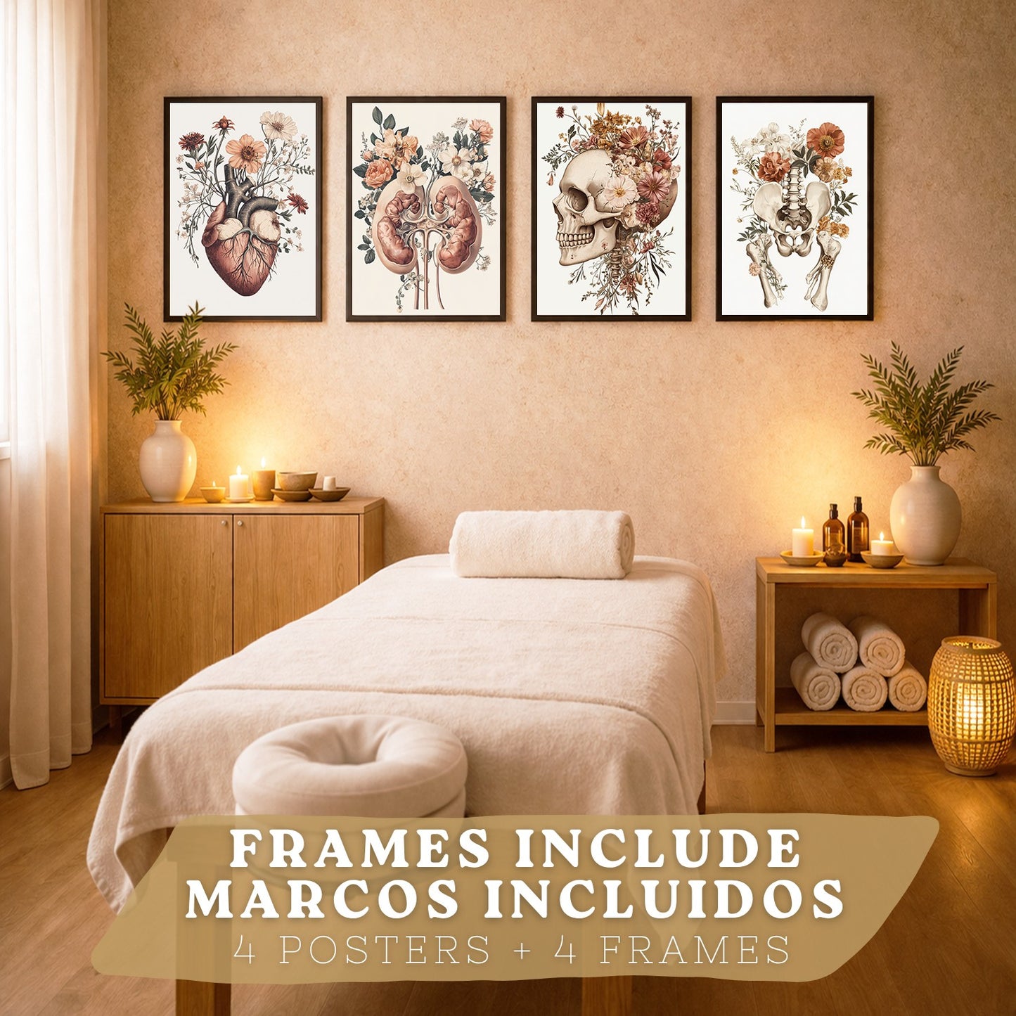 Set 4 Posters de Anatomía Láminas Decorativas con Corazón Riñones Cráneo y Pelvis Estilo Botánico Elegante