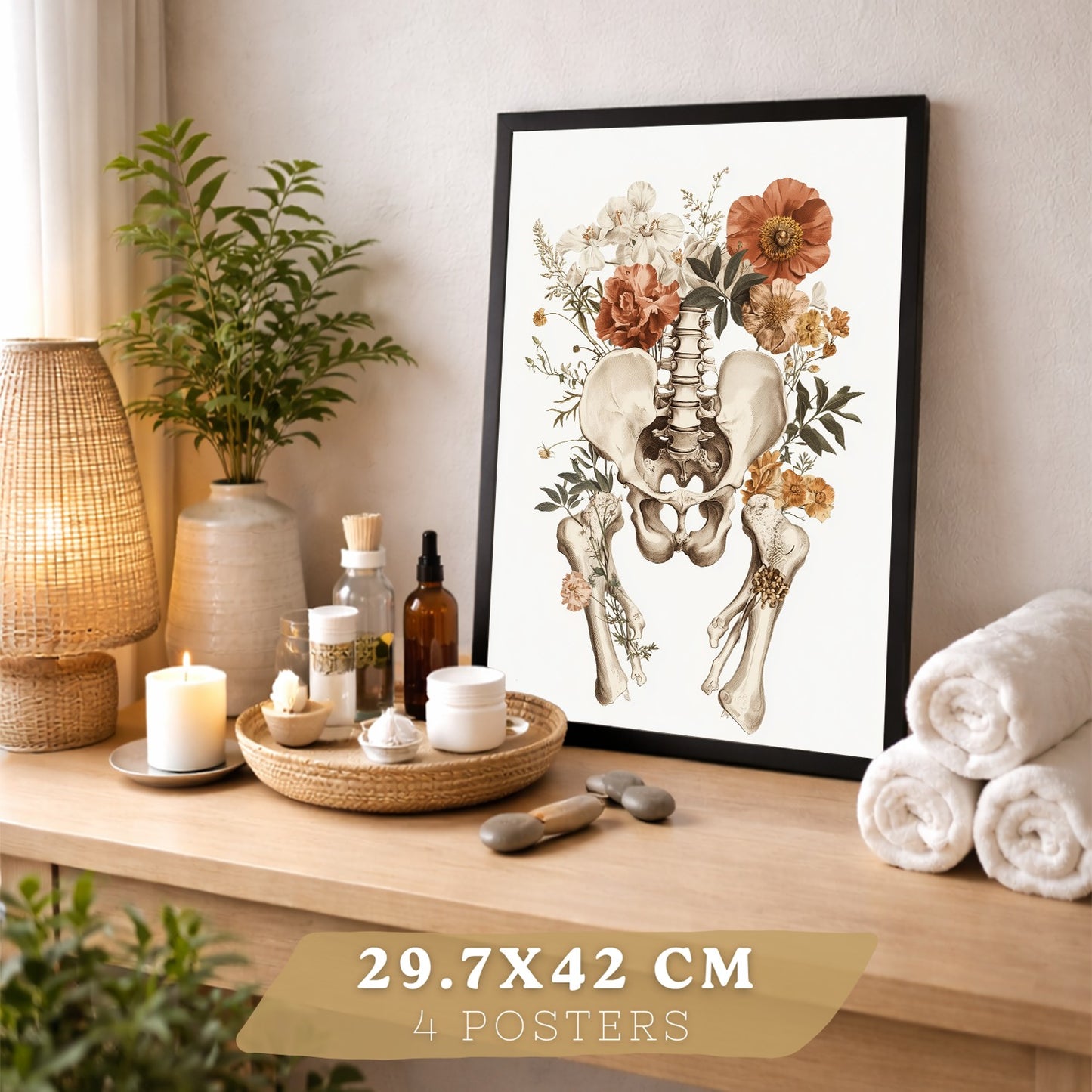 Set 4 Posters de Anatomía Láminas Decorativas con Corazón Riñones Cráneo y Pelvis Estilo Botánico Elegante