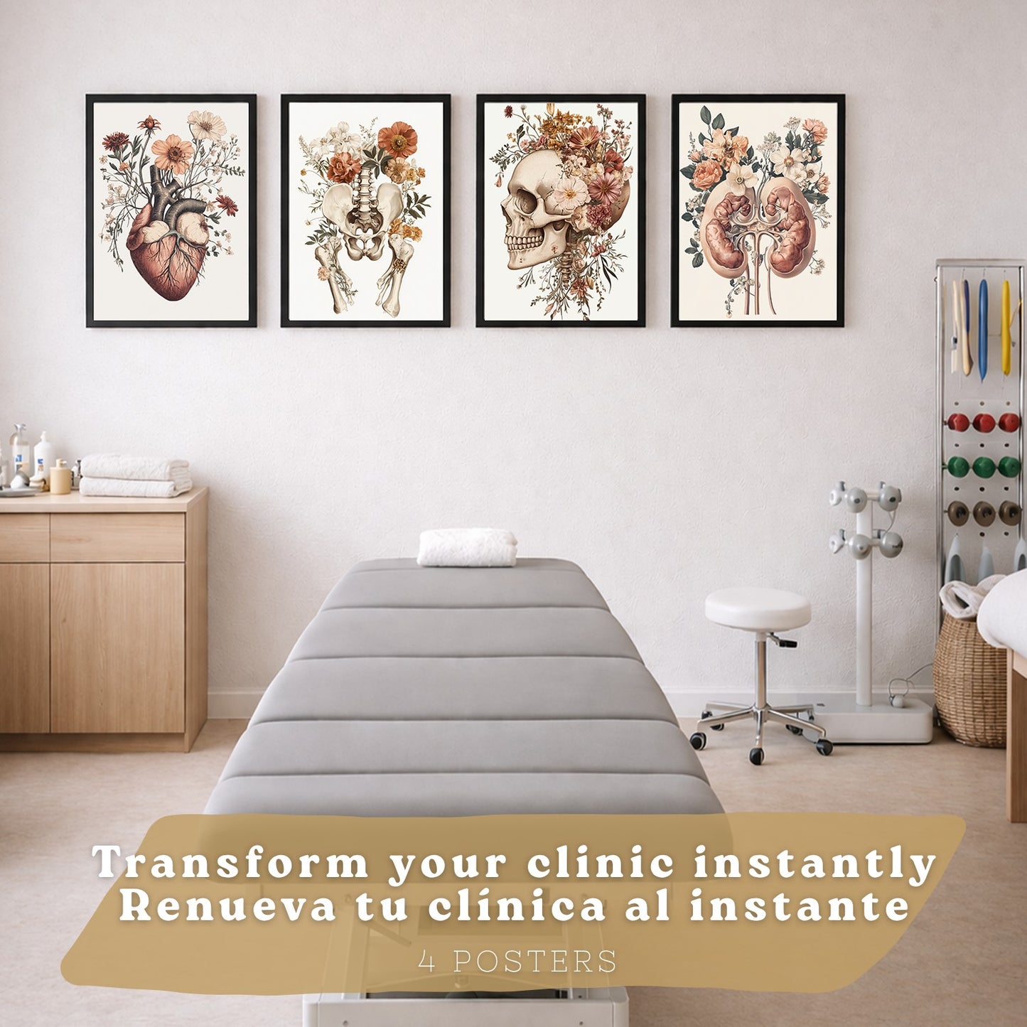 Set 4 Posters de Anatomía Láminas Decorativas con Corazón Riñones Cráneo y Pelvis Estilo Botánico Elegante