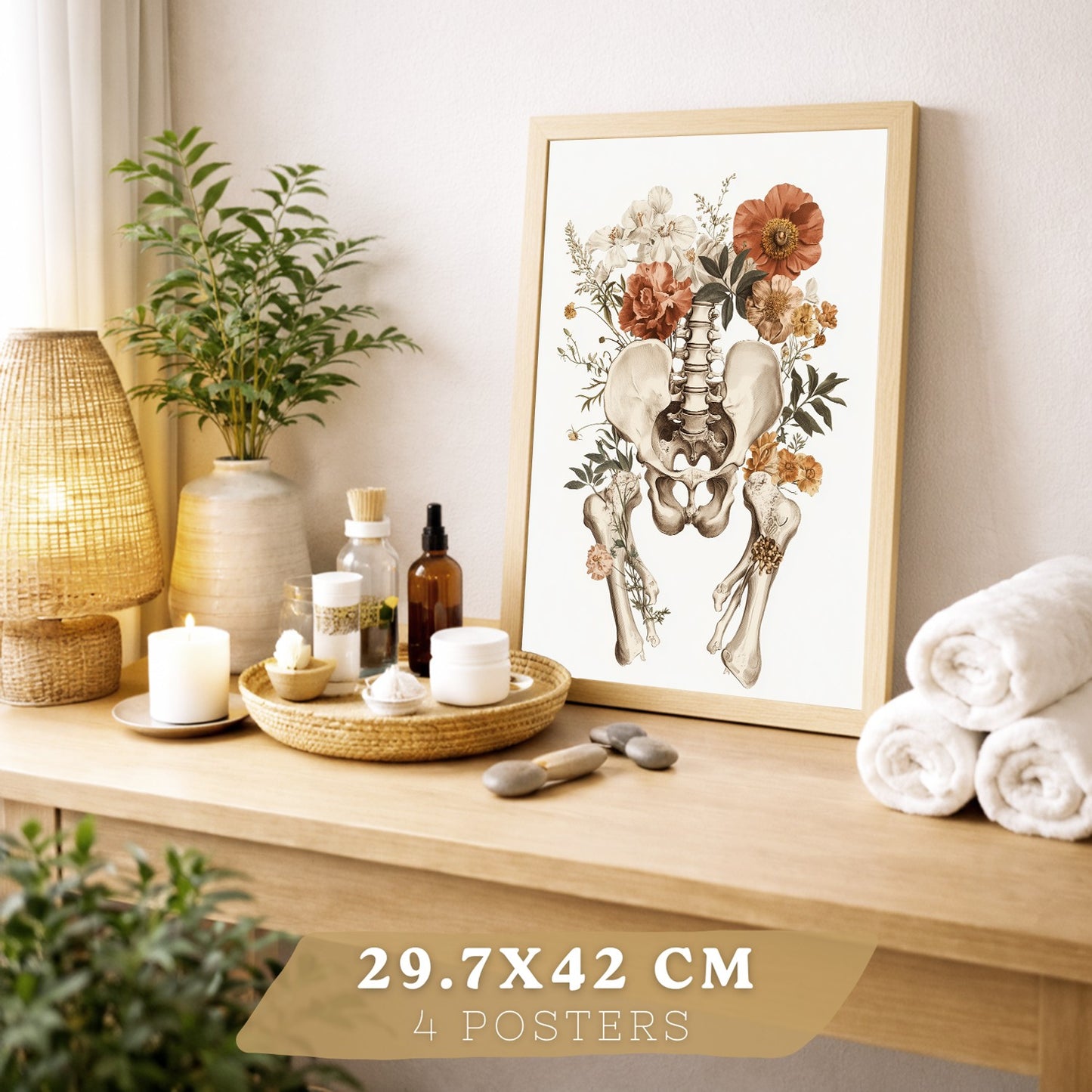 Set 4 Posters de Anatomía Láminas Decorativas con Corazón Riñones Cráneo y Pelvis Estilo Botánico Elegante
