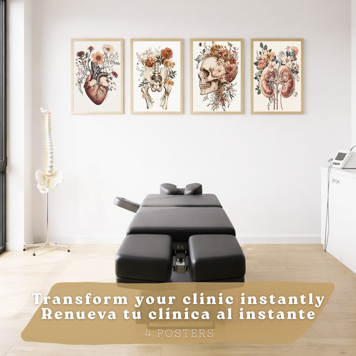 Set 4 Posters Decorativos de Anatomía Humana con Flores Láminas Modernas de Cuerpo Completo Cerebro Mano y Corazón