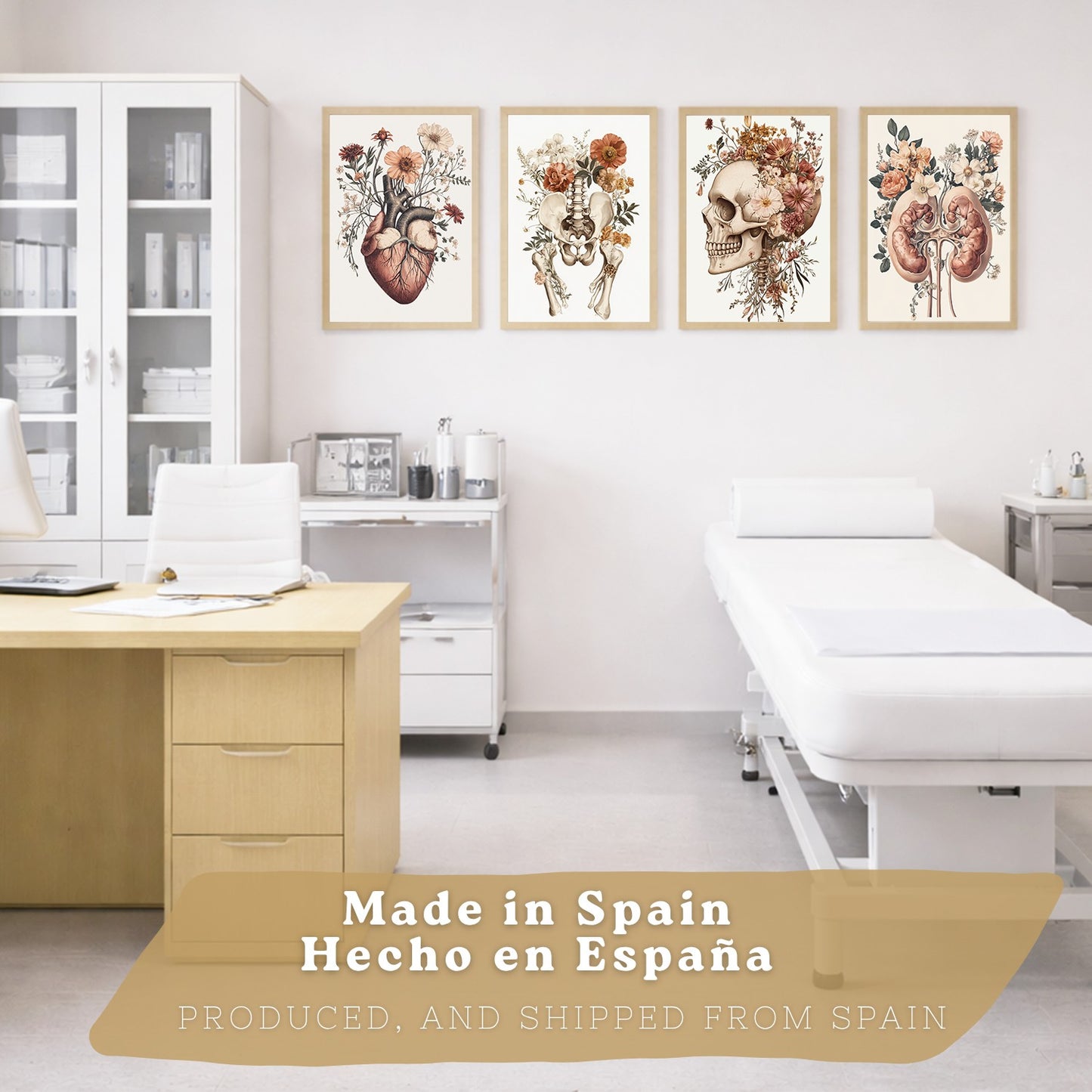 Set 4 Posters de Anatomía Láminas Decorativas con Corazón Riñones Cráneo y Pelvis Estilo Botánico Elegante