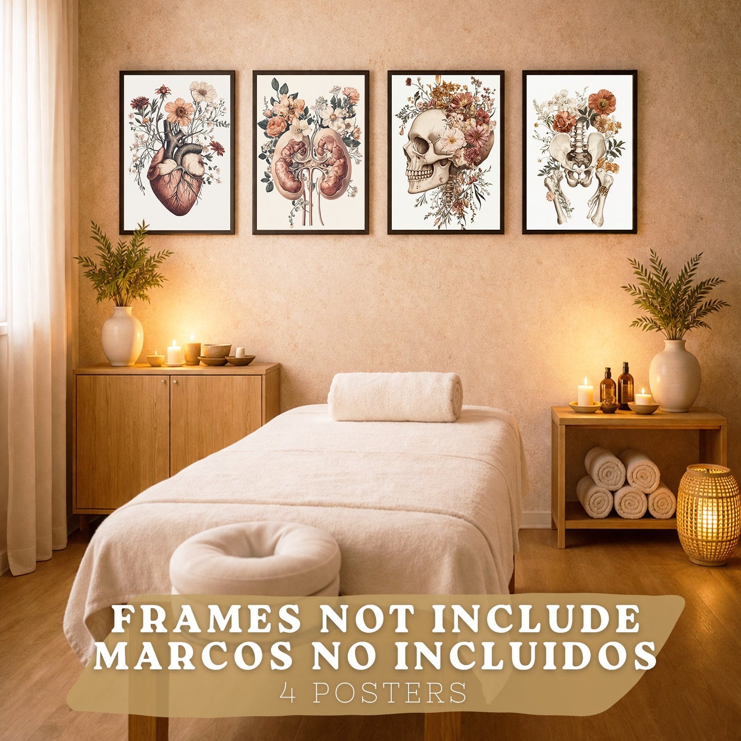 Set 4 Posters de Anatomía Láminas Decorativas con Corazón Riñones Cráneo y Pelvis Estilo Botánico Elegante