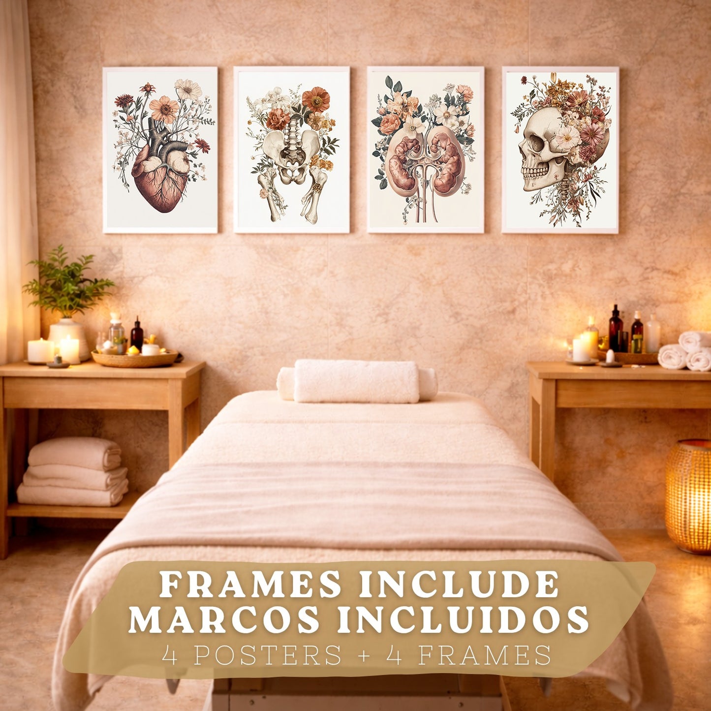 Set 4 Posters de Anatomía Láminas Decorativas con Corazón Riñones Cráneo y Pelvis Estilo Botánico Elegante
