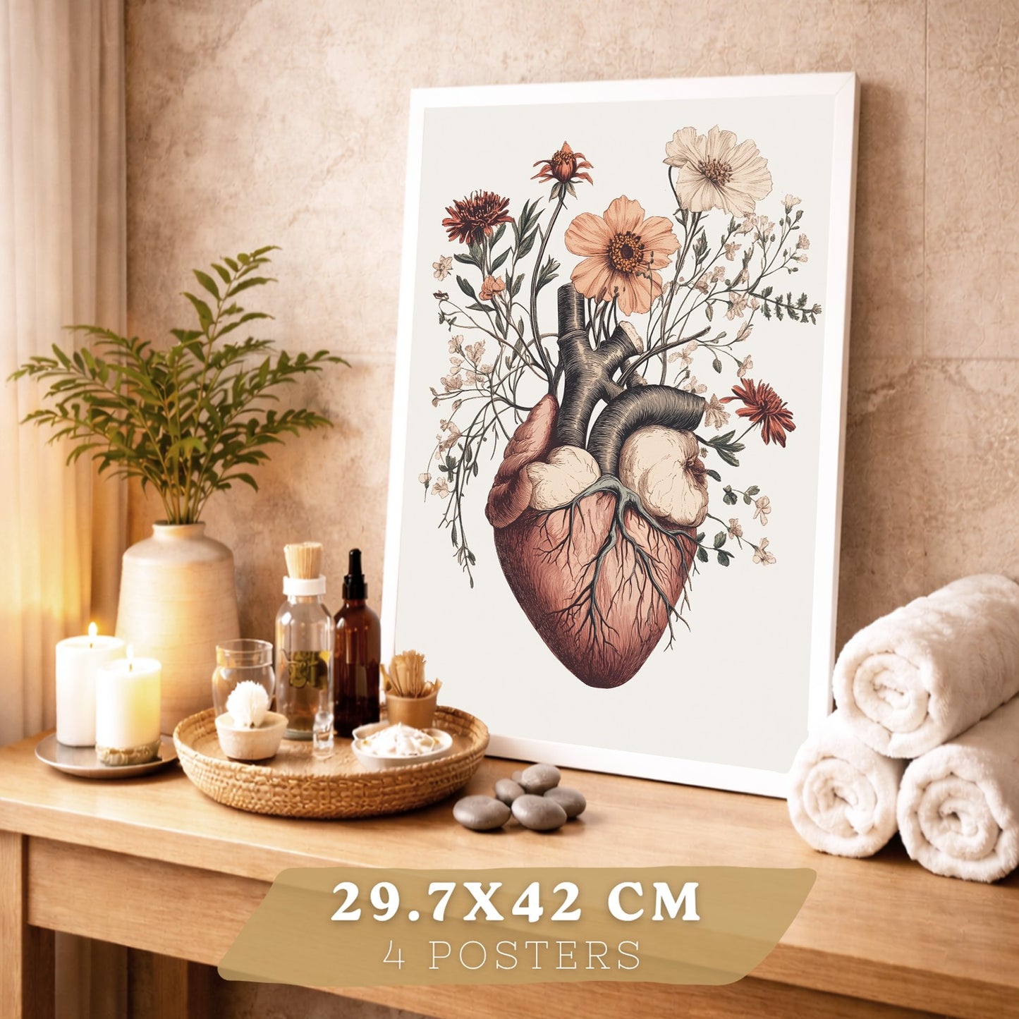 Set 4 Posters de Anatomía Láminas Decorativas con Corazón Riñones Cráneo y Pelvis Estilo Botánico Elegante