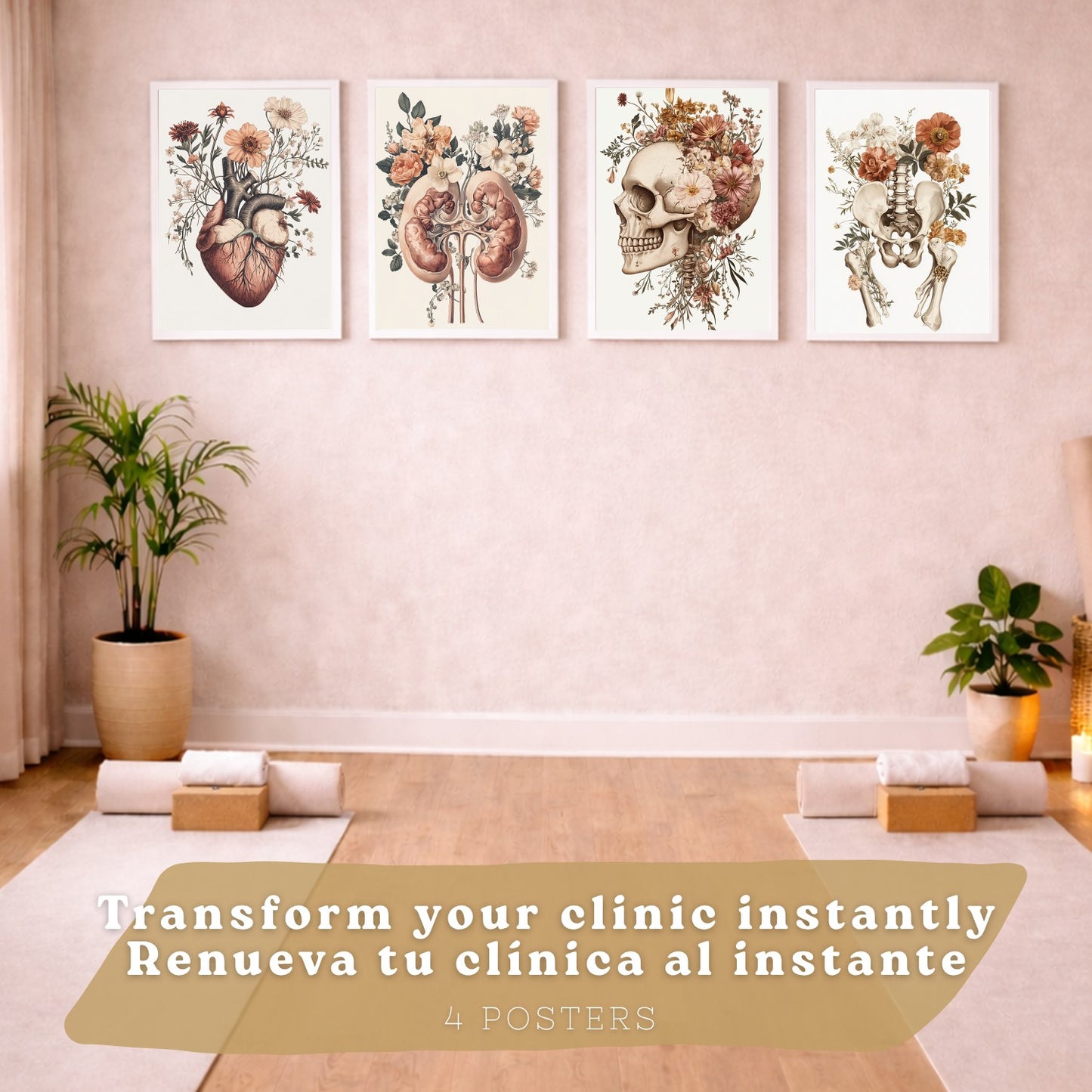 Set 4 Posters de Anatomía Láminas Decorativas con Corazón Riñones Cráneo y Pelvis Estilo Botánico Elegante