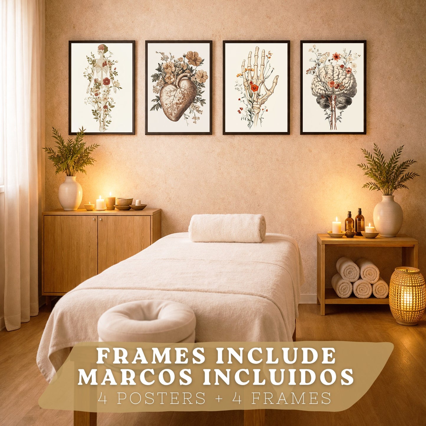 Set 4 Posters Decorativos de Anatomía Humana con Flores Láminas Modernas de Cuerpo Completo Cerebro Mano y Corazón
