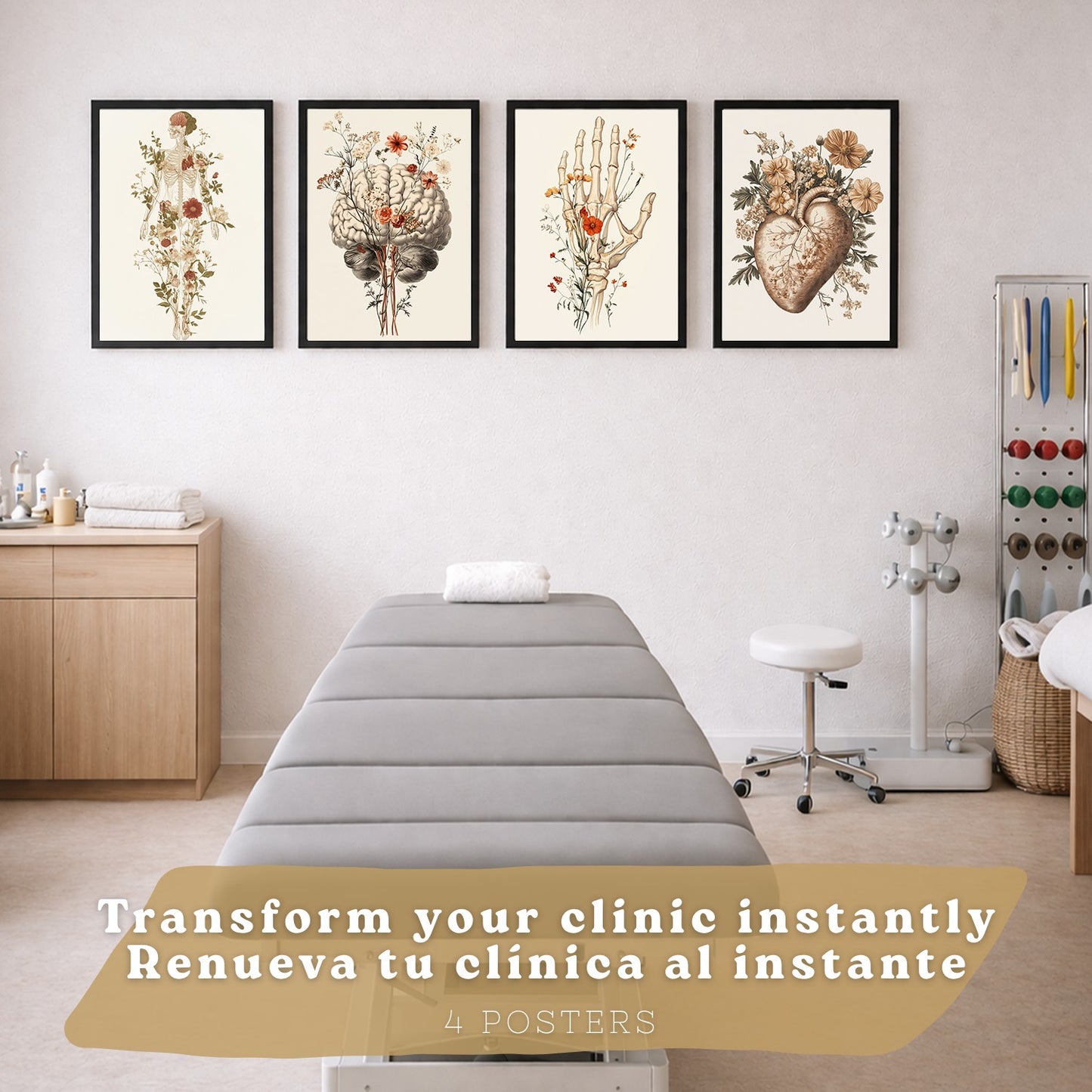Set 4 Posters Decorativos de Anatomía Humana con Flores Láminas Modernas de Cuerpo Completo Cerebro Mano y Corazón