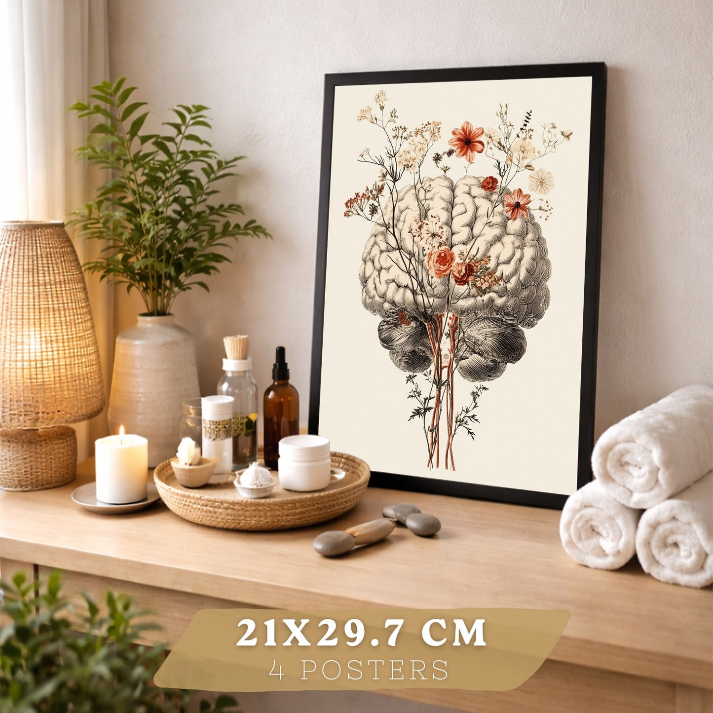 Set 4 Posters Decorativos de Anatomía Humana con Flores Láminas Modernas de Cuerpo Completo Cerebro Mano y Corazón
