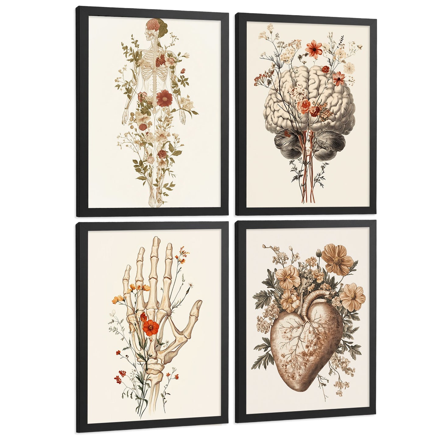 Set 4 Posters Decorativos de Anatomía Humana con Flores Láminas Modernas de Cuerpo Completo Cerebro Mano y Corazón