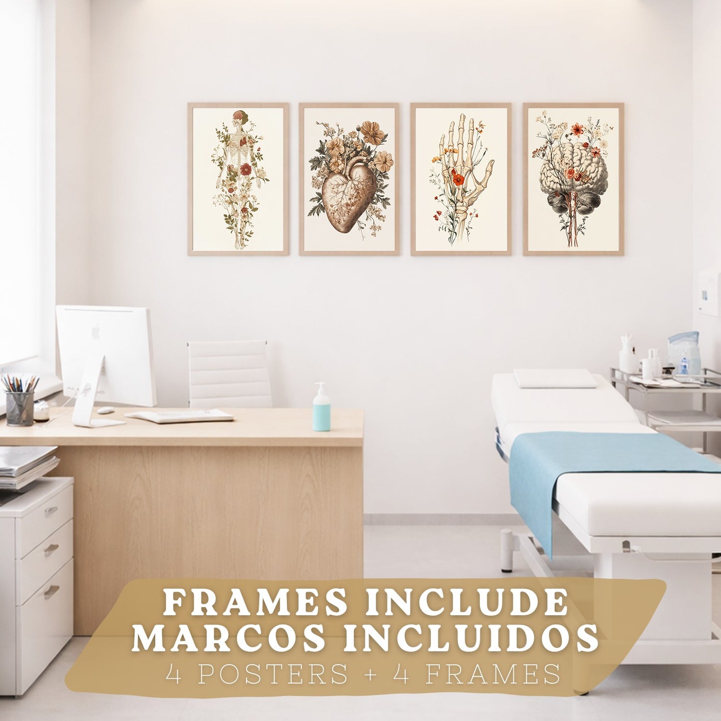 Set 4 Posters Decorativos de Anatomía Humana con Flores Láminas Modernas de Cuerpo Completo Cerebro Mano y Corazón