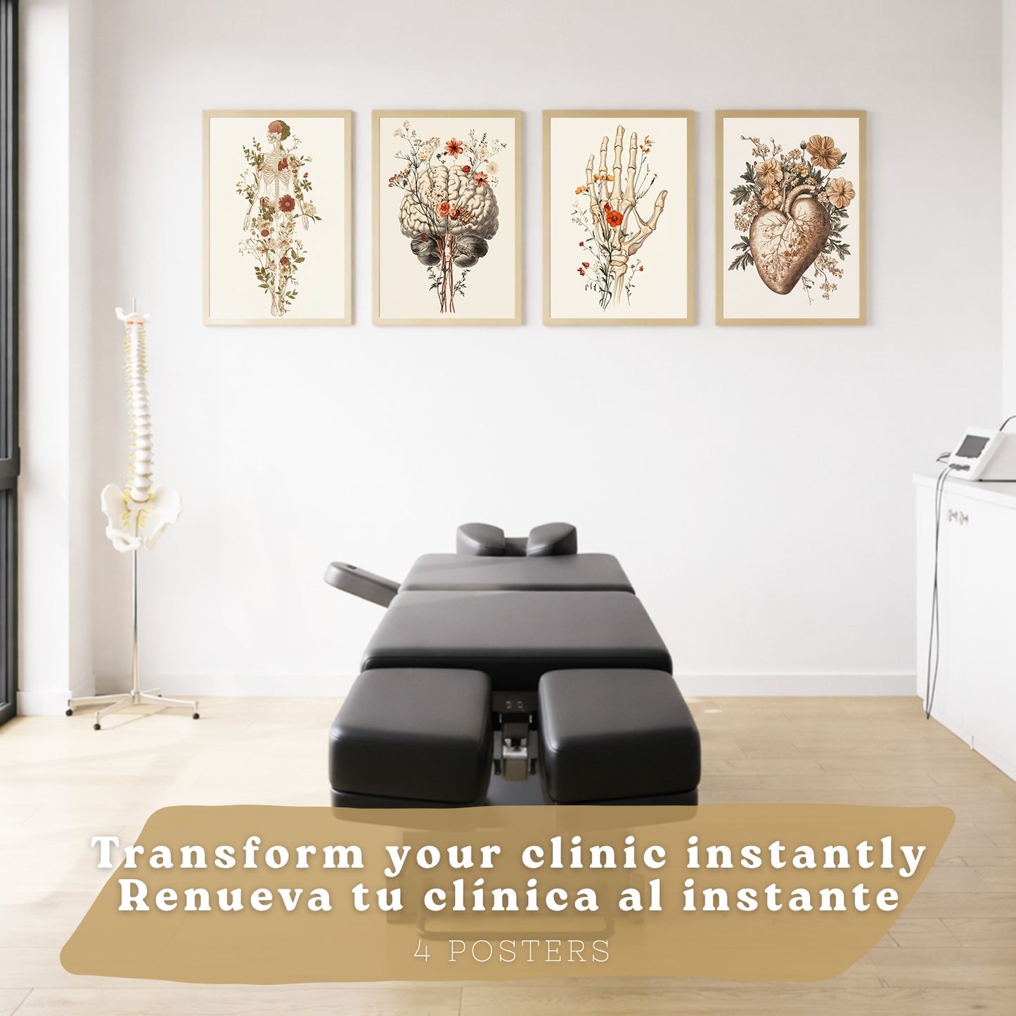 Set 4 Posters Decorativos de Anatomía Humana con Flores Láminas Modernas de Cuerpo Completo Cerebro Mano y Corazón
