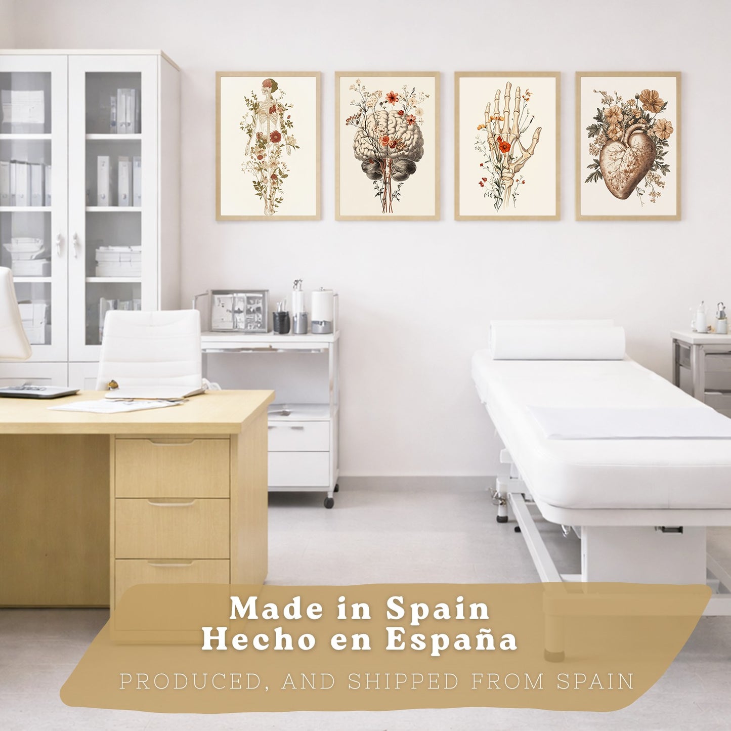 Set 4 Posters Decorativos de Anatomía Humana con Flores Láminas Modernas de Cuerpo Completo Cerebro Mano y Corazón