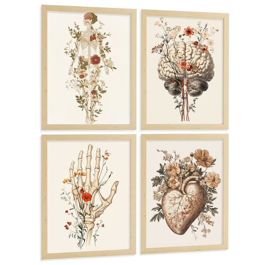 Set 4 Posters Decorativos de Anatomía Humana con Flores Láminas Modernas de Cuerpo Completo Cerebro Mano y Corazón