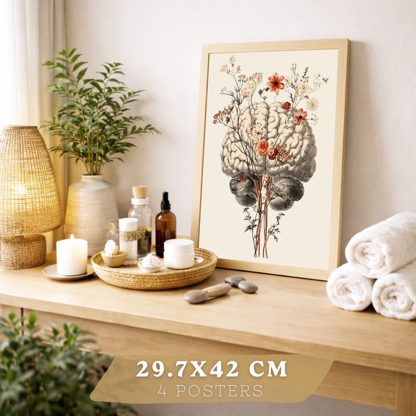 Set 4 Posters Decorativos de Anatomía Humana con Flores Láminas Modernas de Cuerpo Completo Cerebro Mano y Corazón