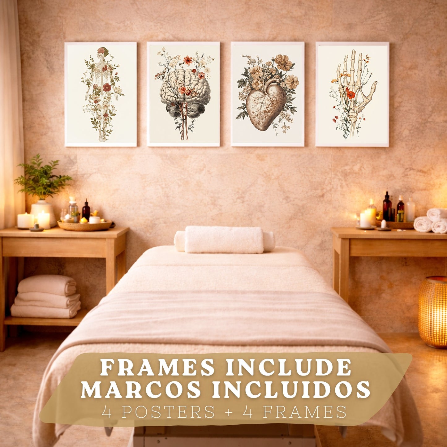 Set 4 Posters Decorativos de Anatomía Humana con Flores Láminas Modernas de Cuerpo Completo Cerebro Mano y Corazón