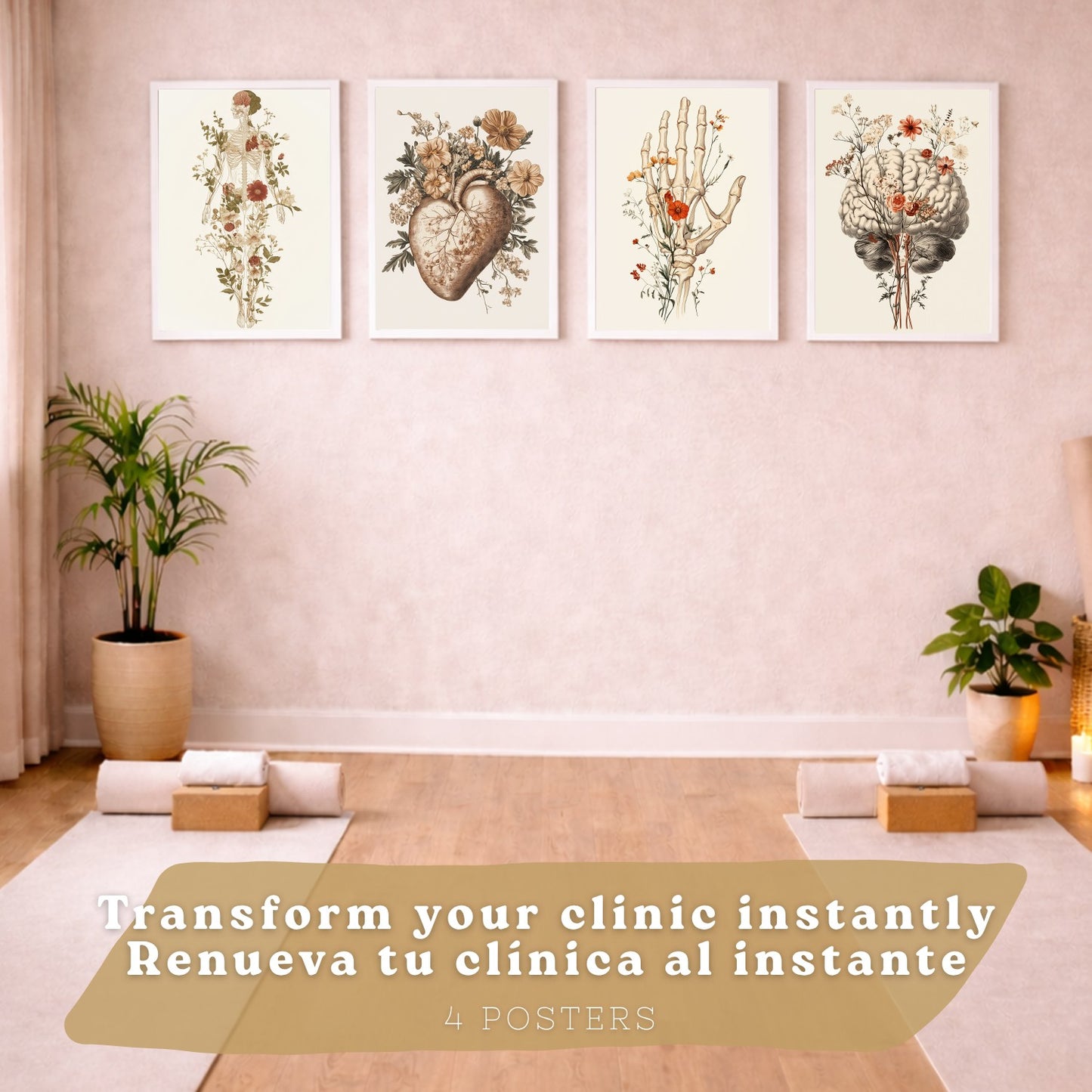 Set 4 Posters Decorativos de Anatomía Humana con Flores Láminas Modernas de Cuerpo Completo Cerebro Mano y Corazón