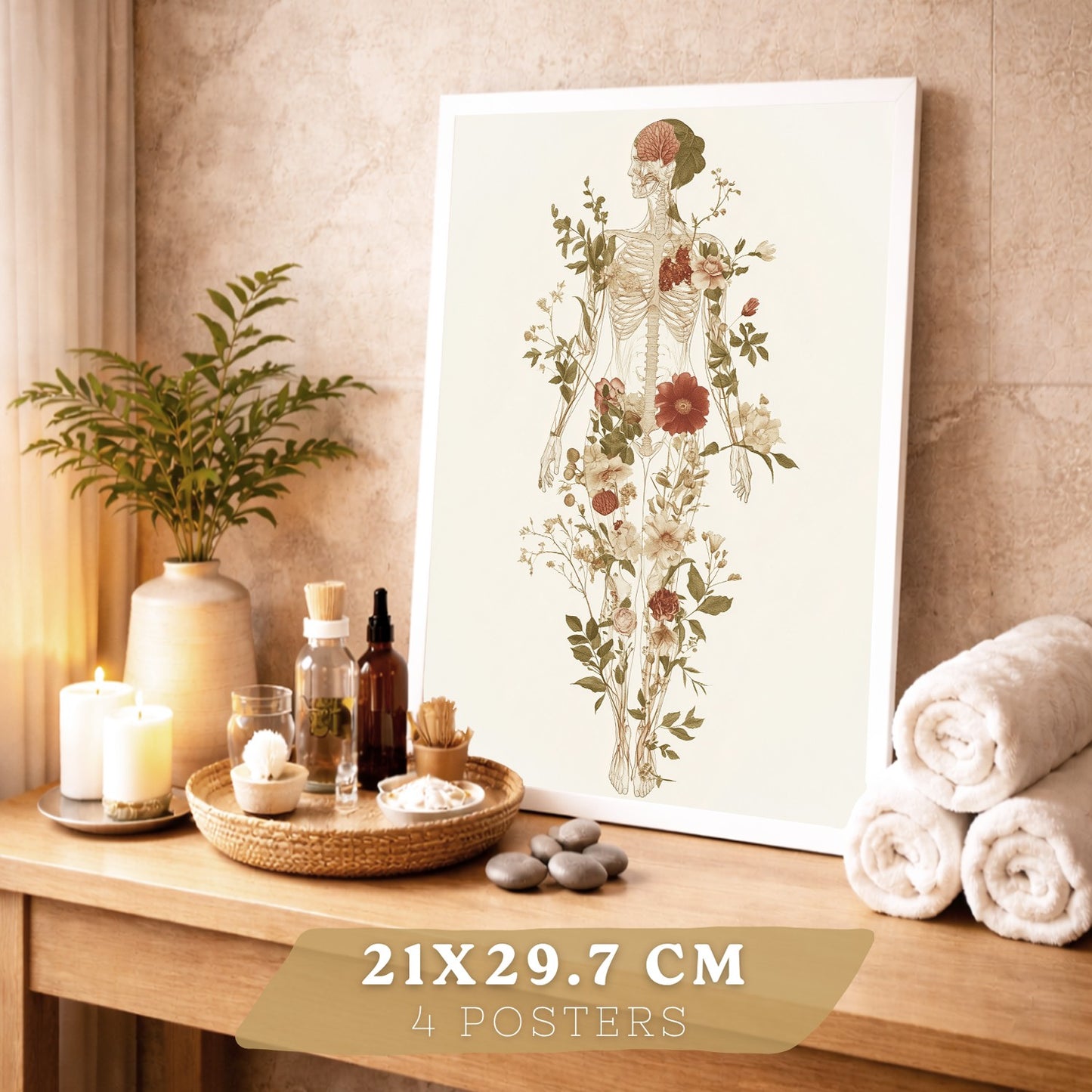 Set 4 Posters Decorativos de Anatomía Humana con Flores Láminas Modernas de Cuerpo Completo Cerebro Mano y Corazón