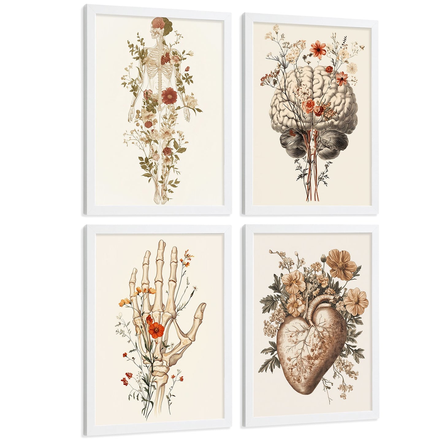 Set 4 Posters Decorativos de Anatomía Humana con Flores Láminas Modernas de Cuerpo Completo Cerebro Mano y Corazón