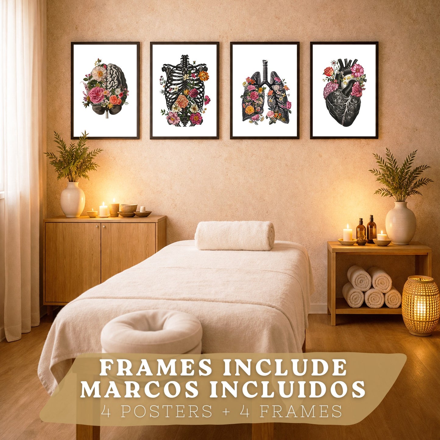 Set de 4 Láminas Decorativas Anatomía Posters y Cuadros con Cerebro Corazón Pulmones Sistema Respiratorio Costillas Columna Vertebral Diseño Floral Moderno