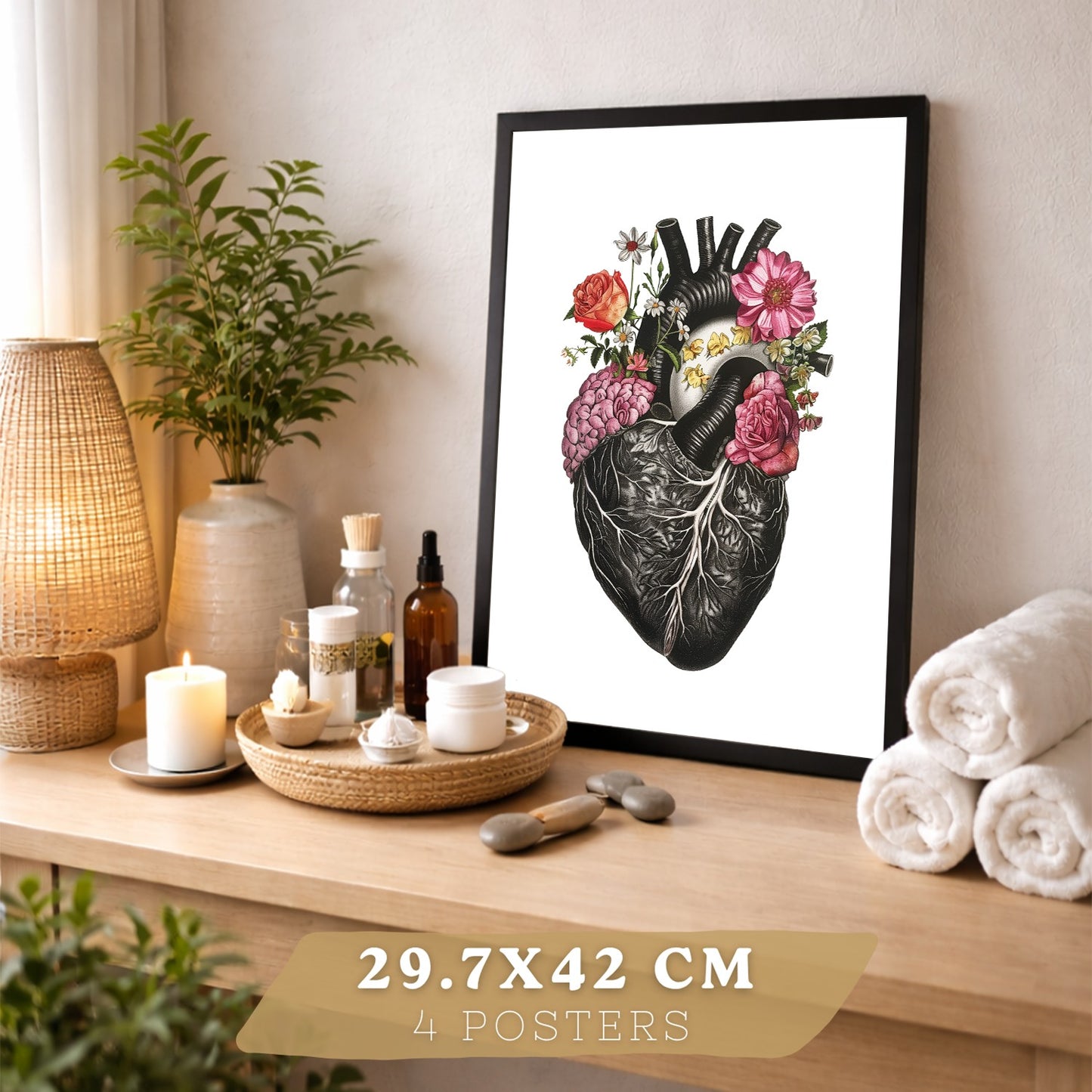 Set de 4 Láminas Decorativas Anatomía Posters y Cuadros con Cerebro Corazón Pulmones Sistema Respiratorio Costillas Columna Vertebral Diseño Floral Moderno