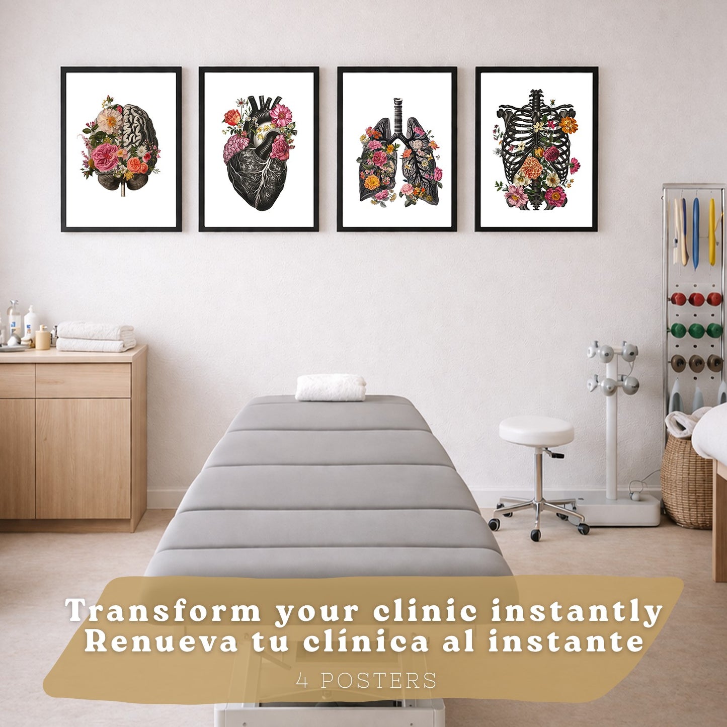 Set de 4 Láminas Decorativas Anatomía Posters y Cuadros con Cerebro Corazón Pulmones Sistema Respiratorio Costillas Columna Vertebral Diseño Floral Moderno