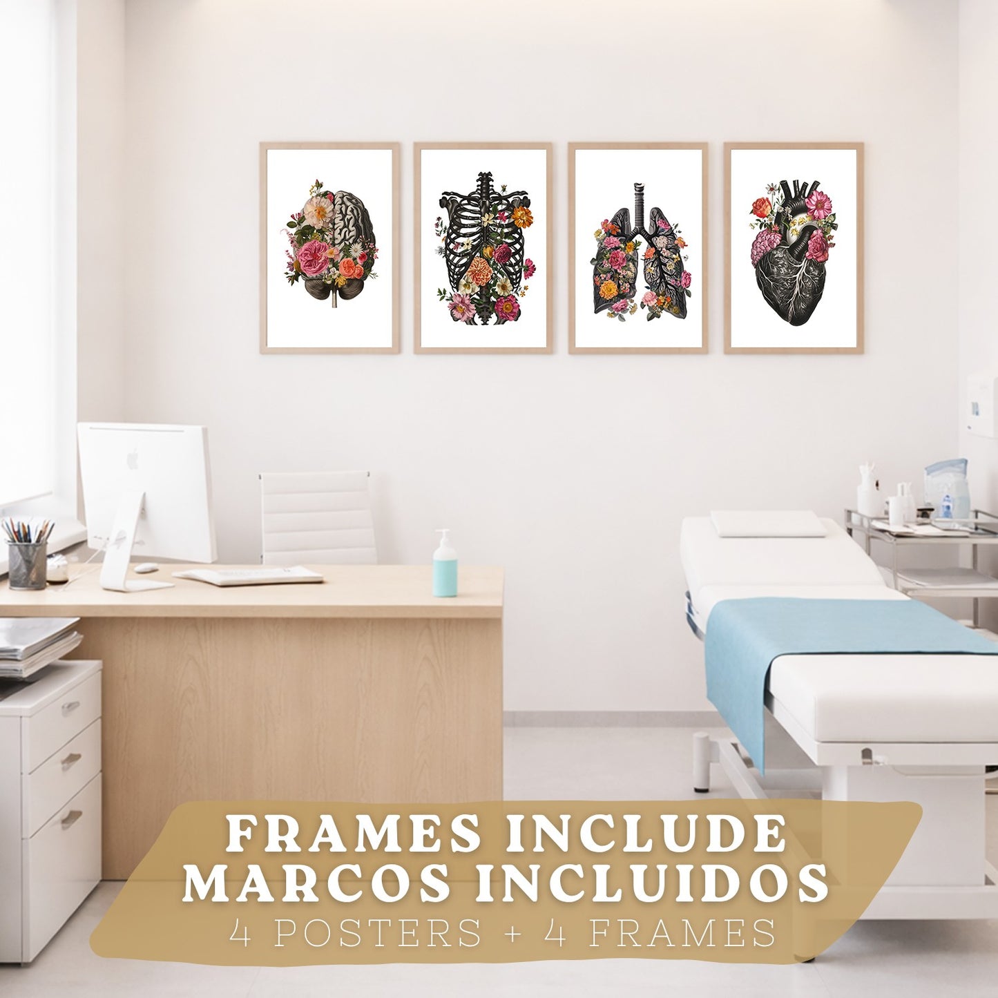 Set de 4 Láminas Decorativas Anatomía Posters y Cuadros con Cerebro Corazón Pulmones Sistema Respiratorio Costillas Columna Vertebral Diseño Floral Moderno
