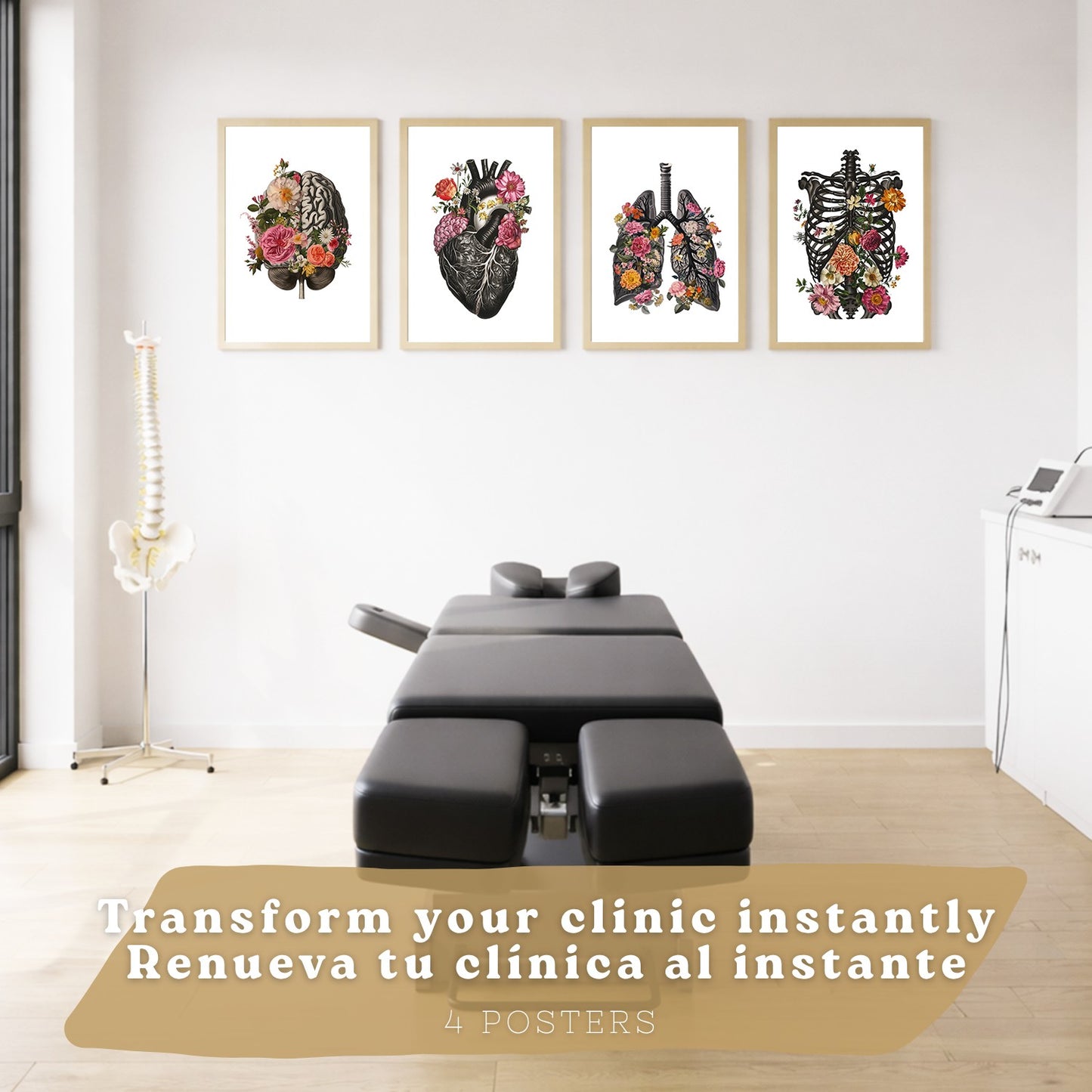 Set de 4 Láminas Decorativas Anatomía Posters y Cuadros con Cerebro Corazón Pulmones Sistema Respiratorio Costillas Columna Vertebral Diseño Floral Moderno