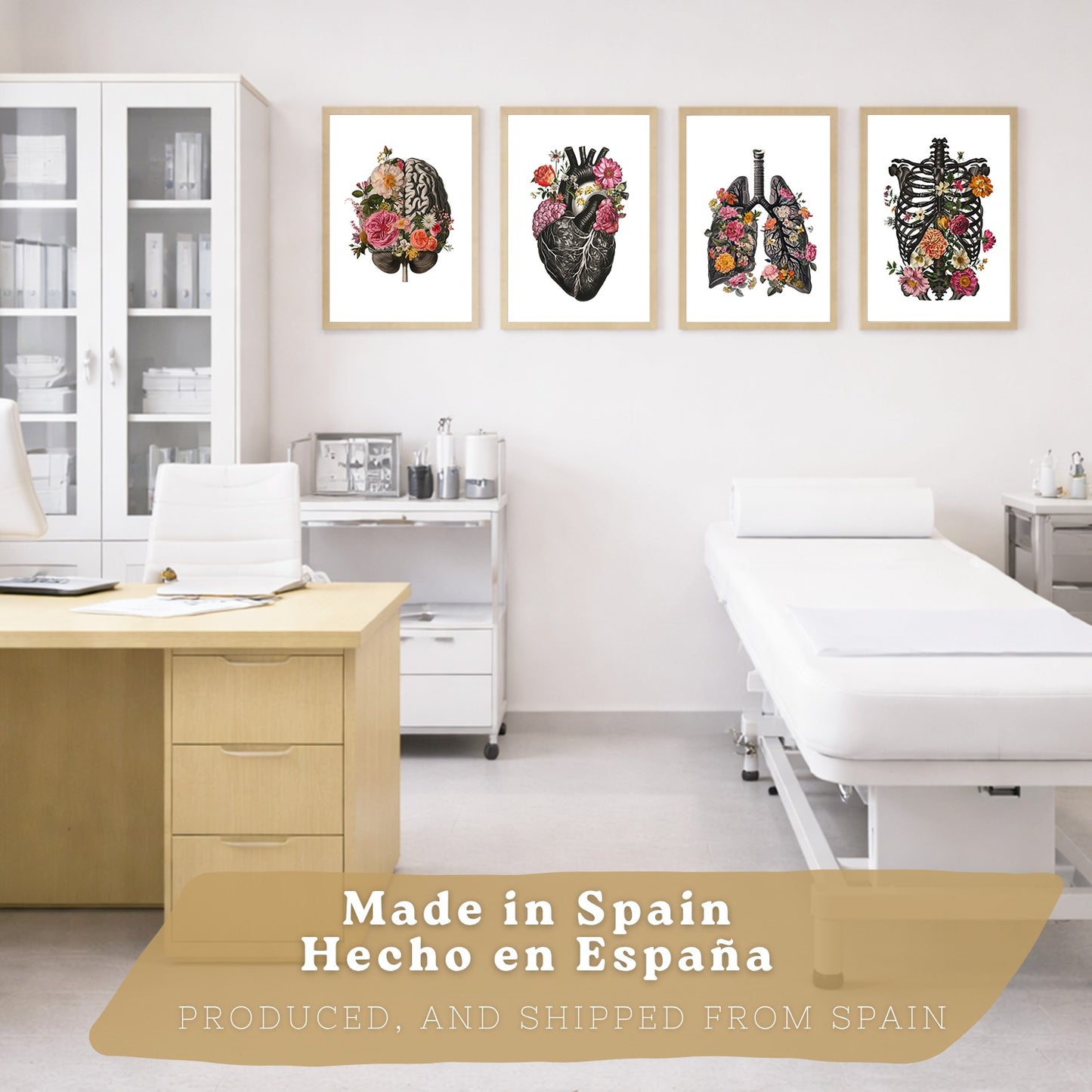Set de 4 Láminas Decorativas Anatomía Posters y Cuadros con Cerebro Corazón Pulmones Sistema Respiratorio Costillas Columna Vertebral Diseño Floral Moderno