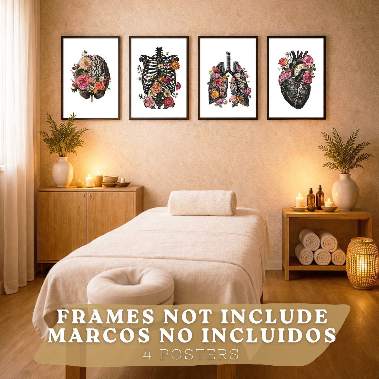 Set de 4 Láminas Decorativas Anatomía Posters y Cuadros con Cerebro Corazón Pulmones Sistema Respiratorio Costillas Columna Vertebral Diseño Floral Moderno