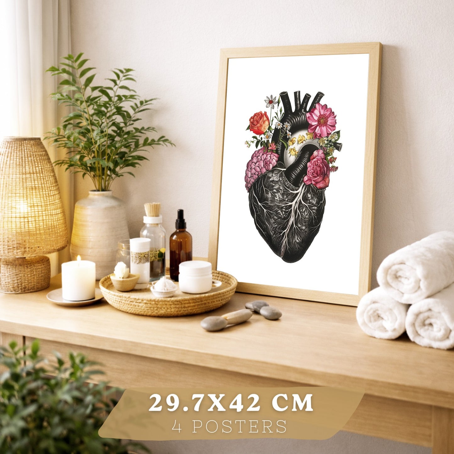 Set de 4 Láminas Decorativas Anatomía Posters y Cuadros con Cerebro Corazón Pulmones Sistema Respiratorio Costillas Columna Vertebral Diseño Floral Moderno