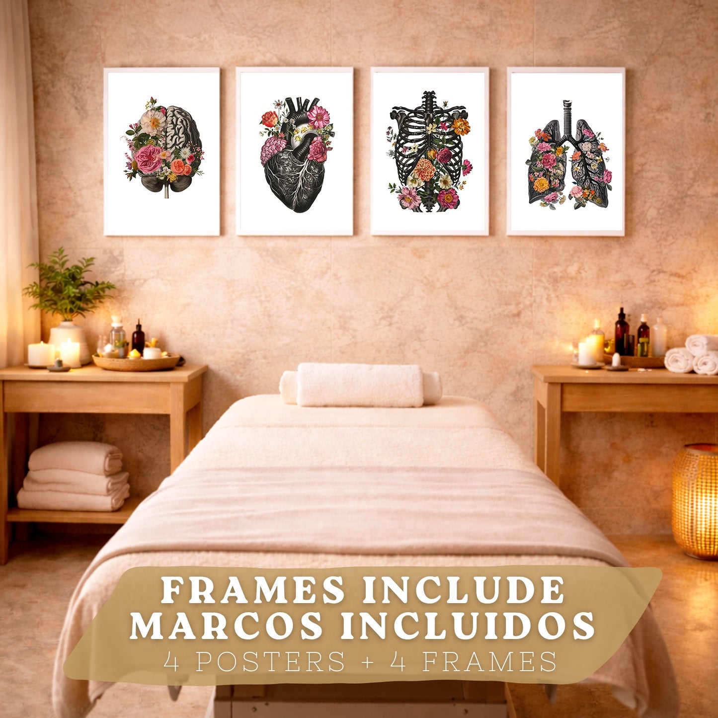 Set de 4 Láminas Decorativas Anatomía Posters y Cuadros con Cerebro Corazón Pulmones Sistema Respiratorio Costillas Columna Vertebral Diseño Floral Moderno