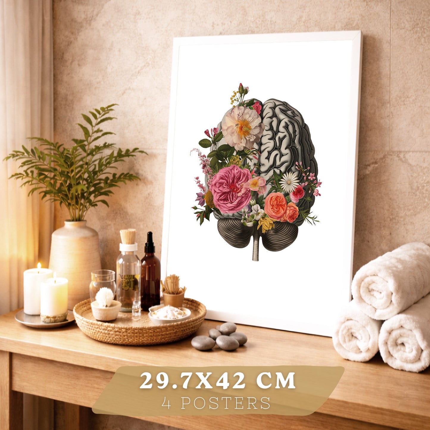 Set de 4 Láminas Decorativas Anatomía Posters y Cuadros con Cerebro Corazón Pulmones Sistema Respiratorio Costillas Columna Vertebral Diseño Floral Moderno