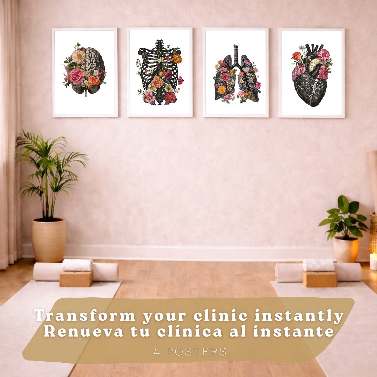 Set de 4 Láminas Decorativas Anatomía Posters y Cuadros con Cerebro Corazón Pulmones Sistema Respiratorio Costillas Columna Vertebral Diseño Floral Moderno