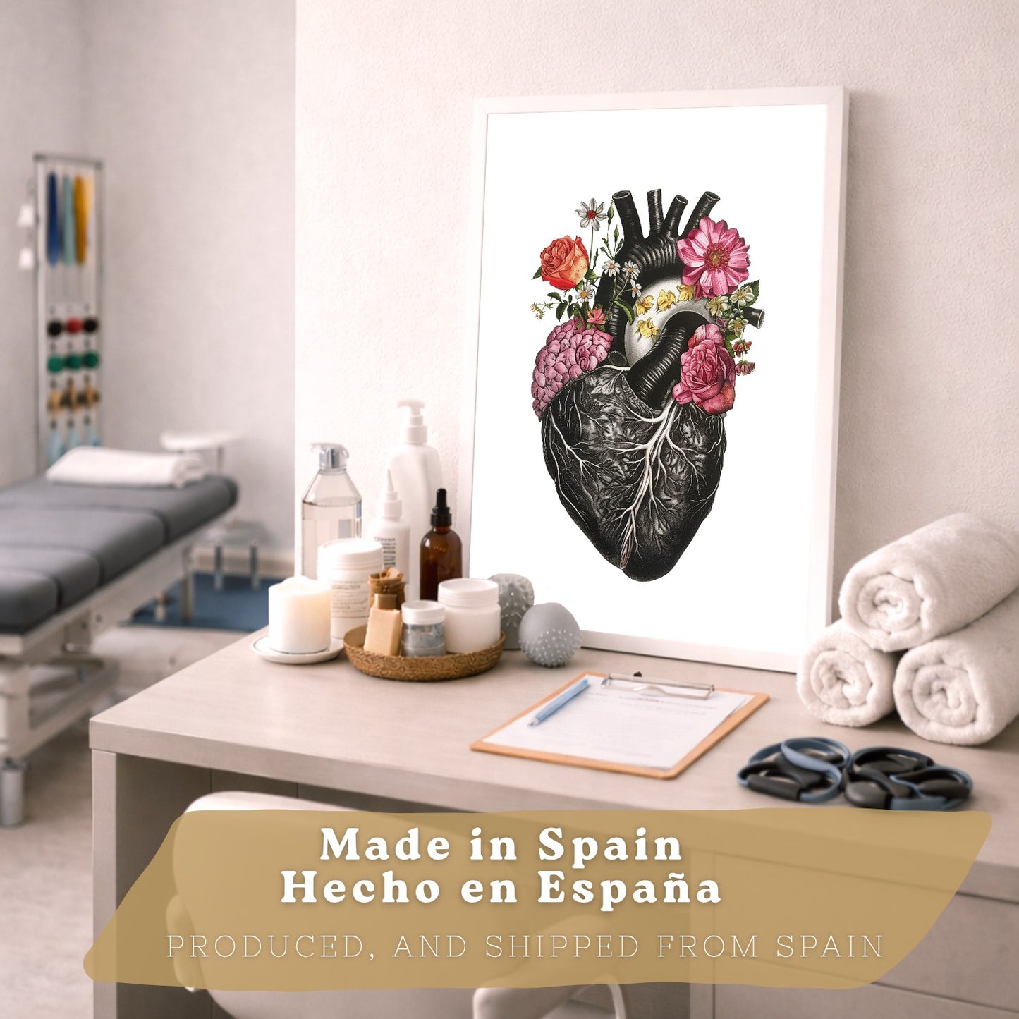 Set de 4 Láminas Decorativas Anatomía Posters y Cuadros con Cerebro Corazón Pulmones Sistema Respiratorio Costillas Columna Vertebral Diseño Floral Moderno