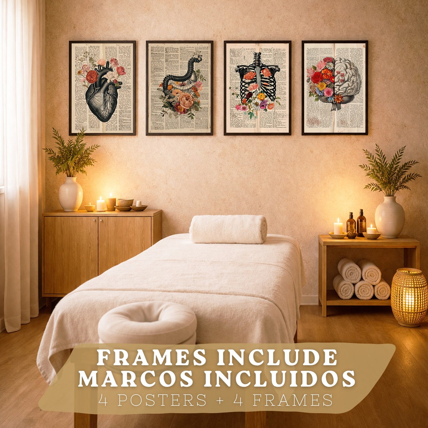 Set 4 Cuadros de Anatomía Láminas con Corazón, Cerebro, Esqueleto y Intestinos Fondo Antiguo